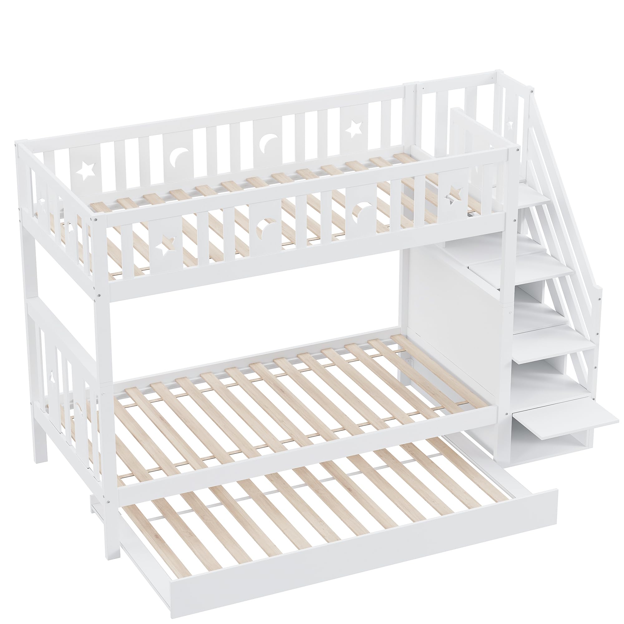 Kinderbett 90x200/90x200cm, Hochbett Etagenbett mit Stauraum-Sicherheitstreppe&Ausziehbett&Lattenrost, Jugendbett Holzbett Stockbett für 2 Kinder, Rausfallschutz Bett, Massivholz, Weiß