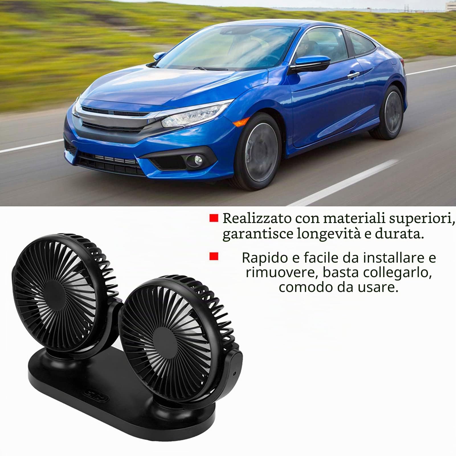 EVGATSAUTO Ventilatore per auto a doppia testa, auto a doppia testa USB Condizionatore d'aria portatile Ventilazione del dispositivo di raffreddamento automatico Accendisigari 12V(Nero)