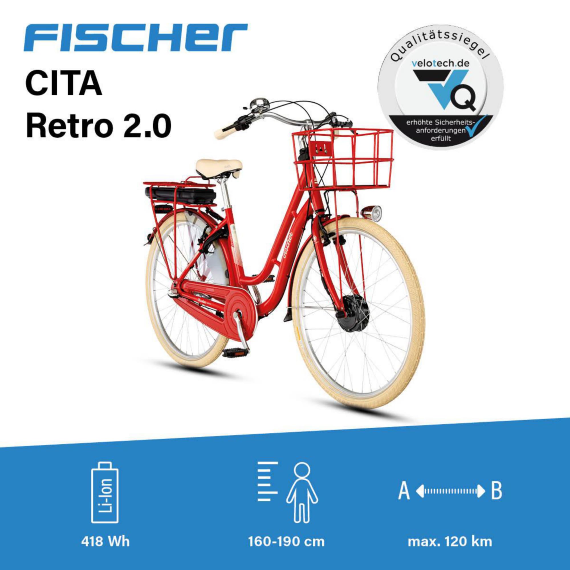 FISCHER E-Bike City CITA RETRO 2.0, Elektrofahrrad für Damen und Herren, RH 48 cm, Frontmotor 32 Nm, 36 V Akku