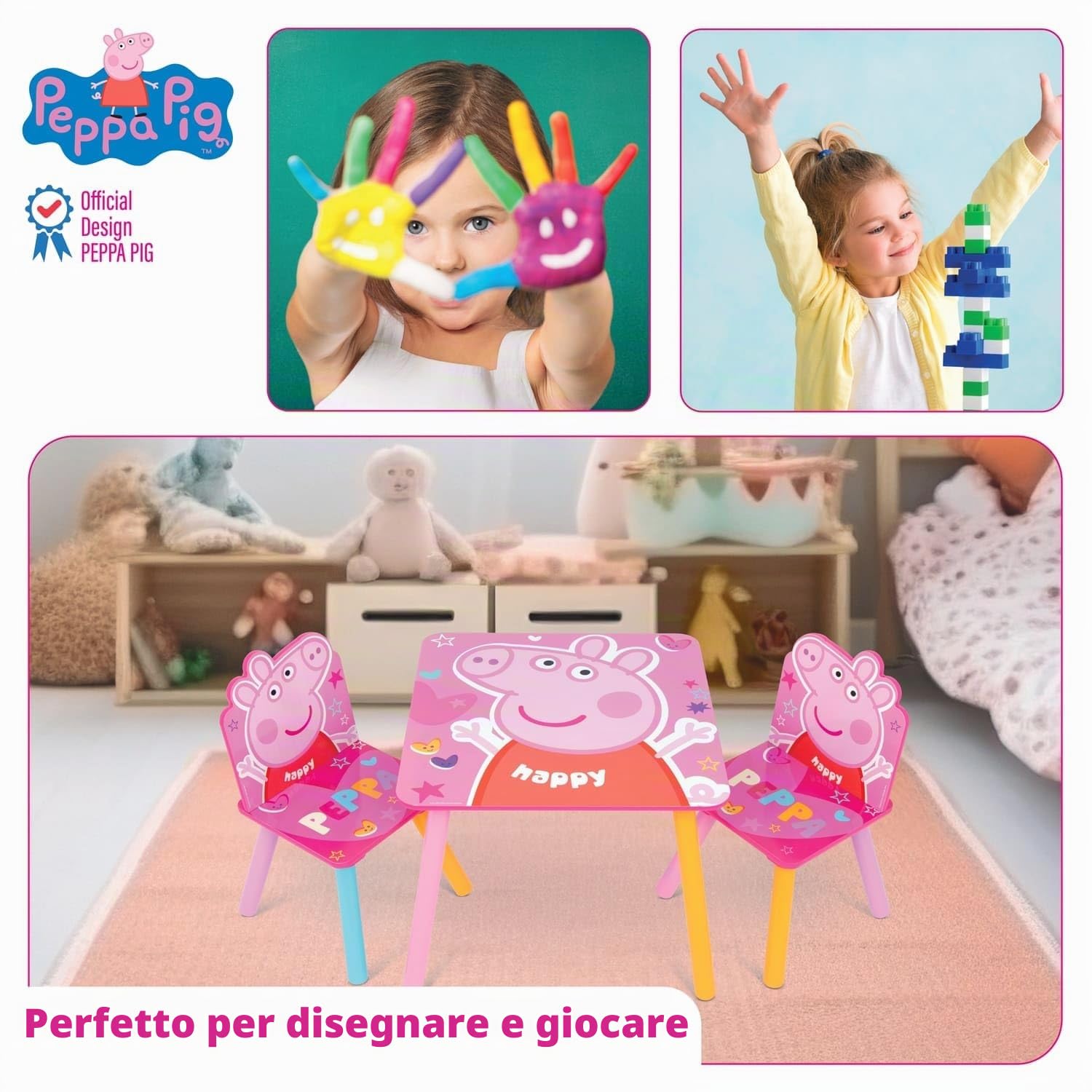 ARDITEX - Set Tavolo e 2 Sedie in Legno per Bambini Licenza Ufficiale Peppa Pig - Tavolo 50x50x44 cm/Sedia 26,5x26,5x50 cm - Rosa Arcobaleno - Ideale per giocare, disegnare e fare lavoretti