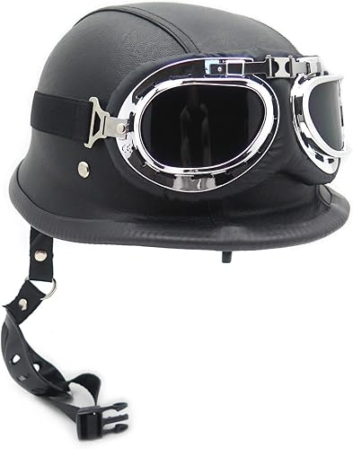 Miniatura 4 de HTTMT MT506-002-XL- DOT - Casco de motocicleta de cuero negro alemán de media cara, gafas de piloto para motociclista, XL