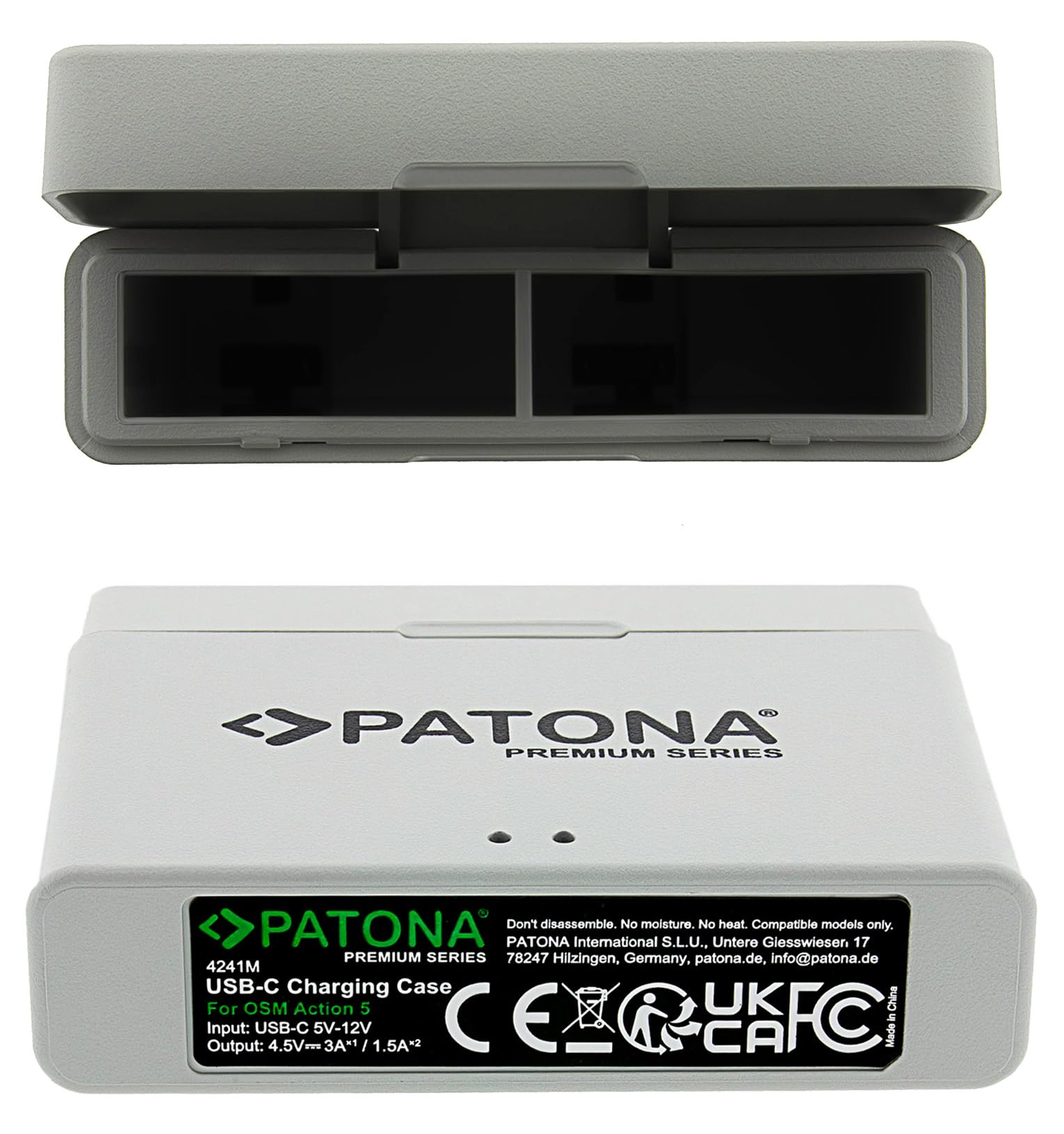 PATONA Premium Dual Charging Box per DJI Osmo Action 3 4 5 6 – Caricatore con connessione USB-C e indicatore di carica – per 2 batterie BCX202, ricarica sicura grazie al sistema MCU, cavo USB C