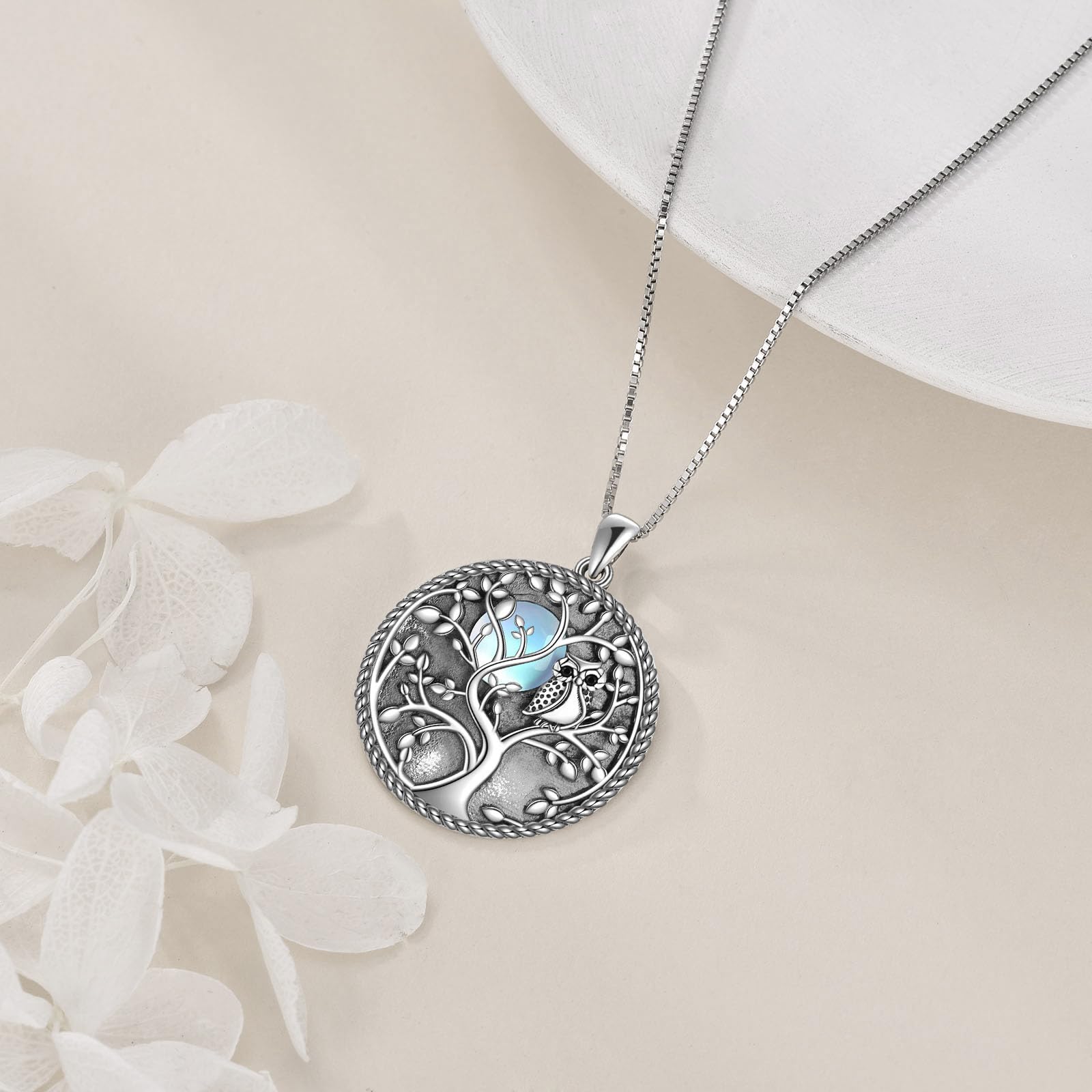 KQF Häschen/Libelle/Chakras/Baum des Lebens/Eule/Lotus/Kuh/Elefanten Kette Sterling Silber Häschen Anhänger Schmuck Abalone Muscheln/Mondstein Tierschmuck Geschenke für Damen Mädchen