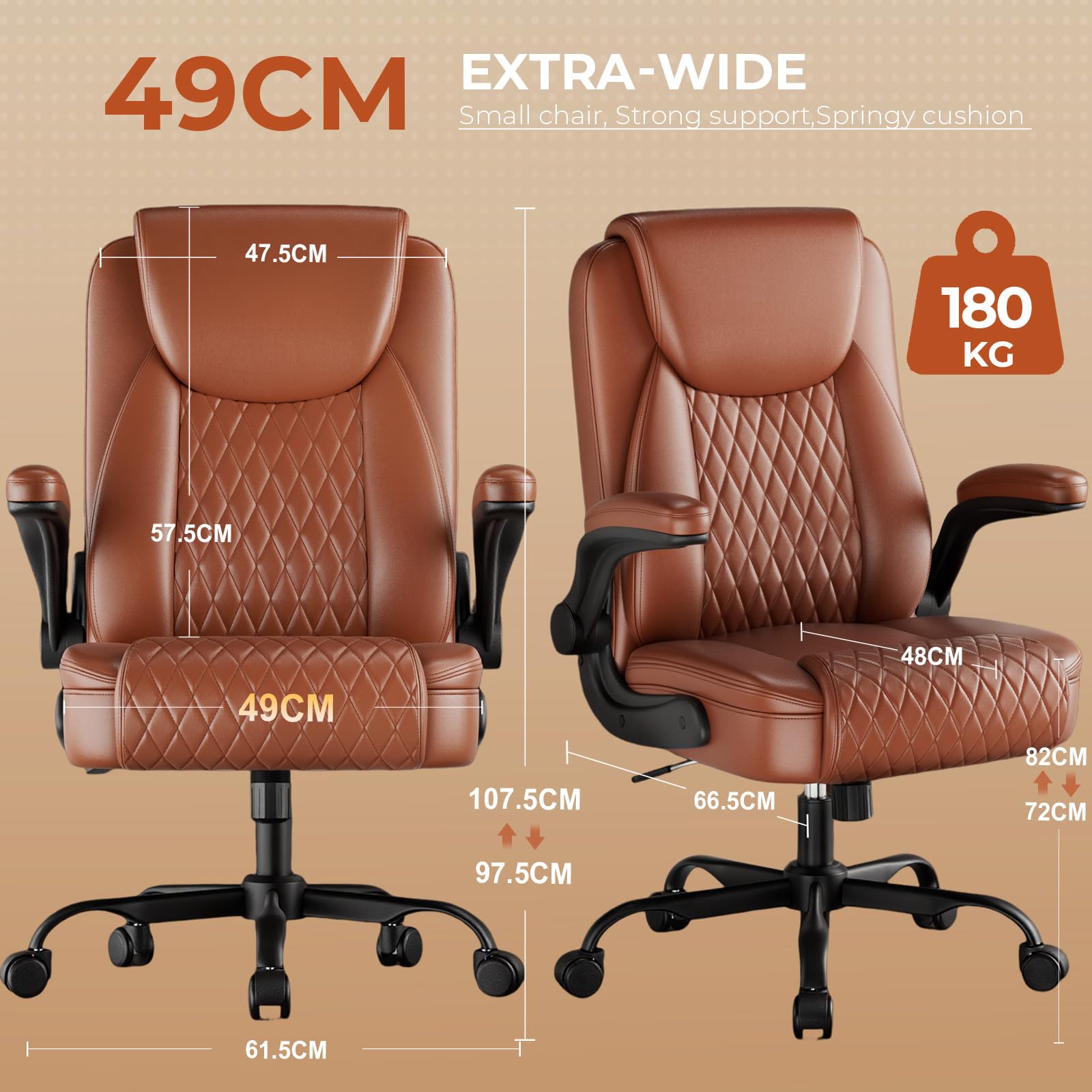 GTPLAYER Sedia da ufficio ergonomica, sedia da scrivania con schienale alto, braccioli pieghevoli, regolabile in altezza, in pelle PU, seduta extra larga, per ufficio e casa, marrone