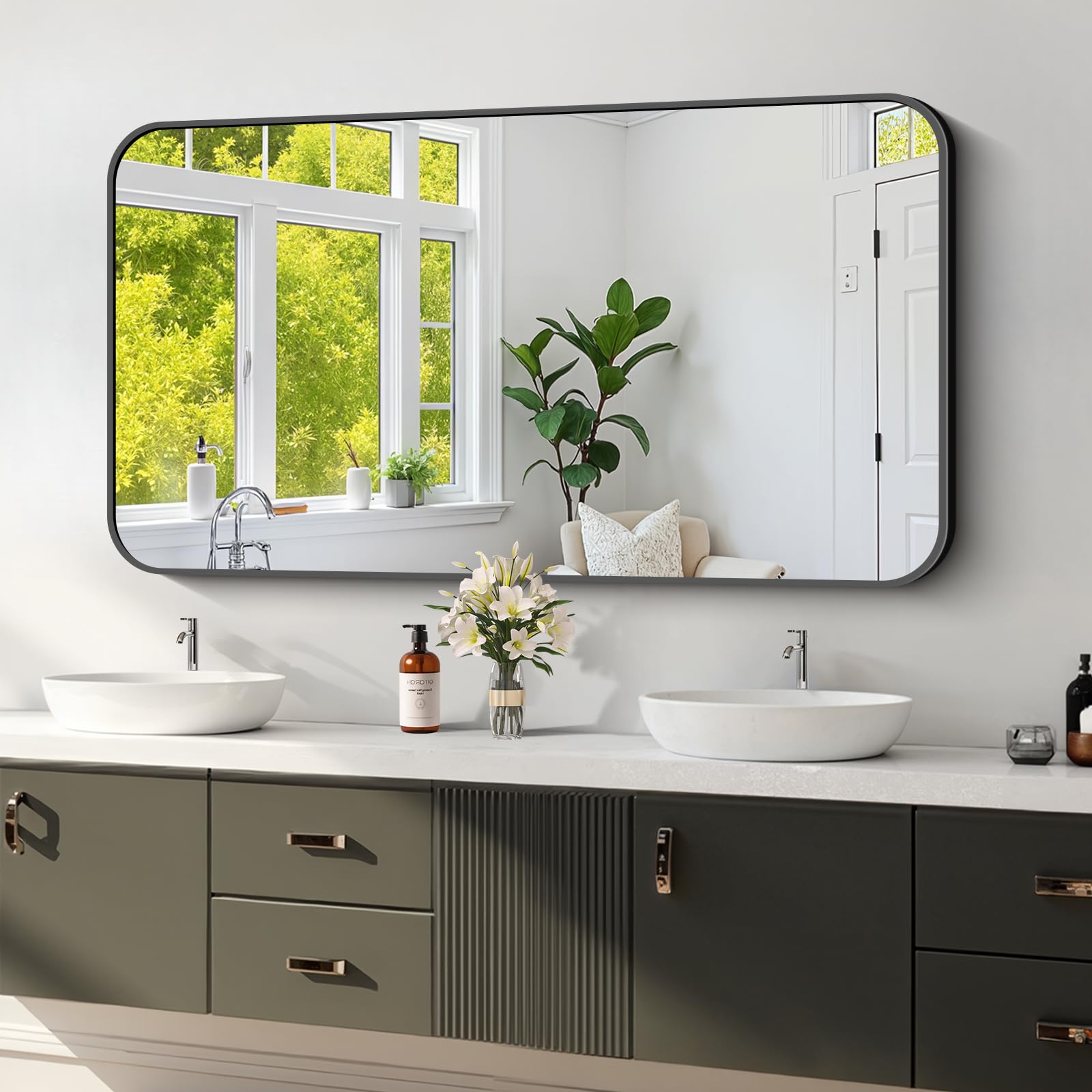 Koonmi Black Framed Bathroom Mirror - 24x48 Inch Shatterproof Tempered Glass Vanity Mirror for Bathroom Sink Wall Mounted