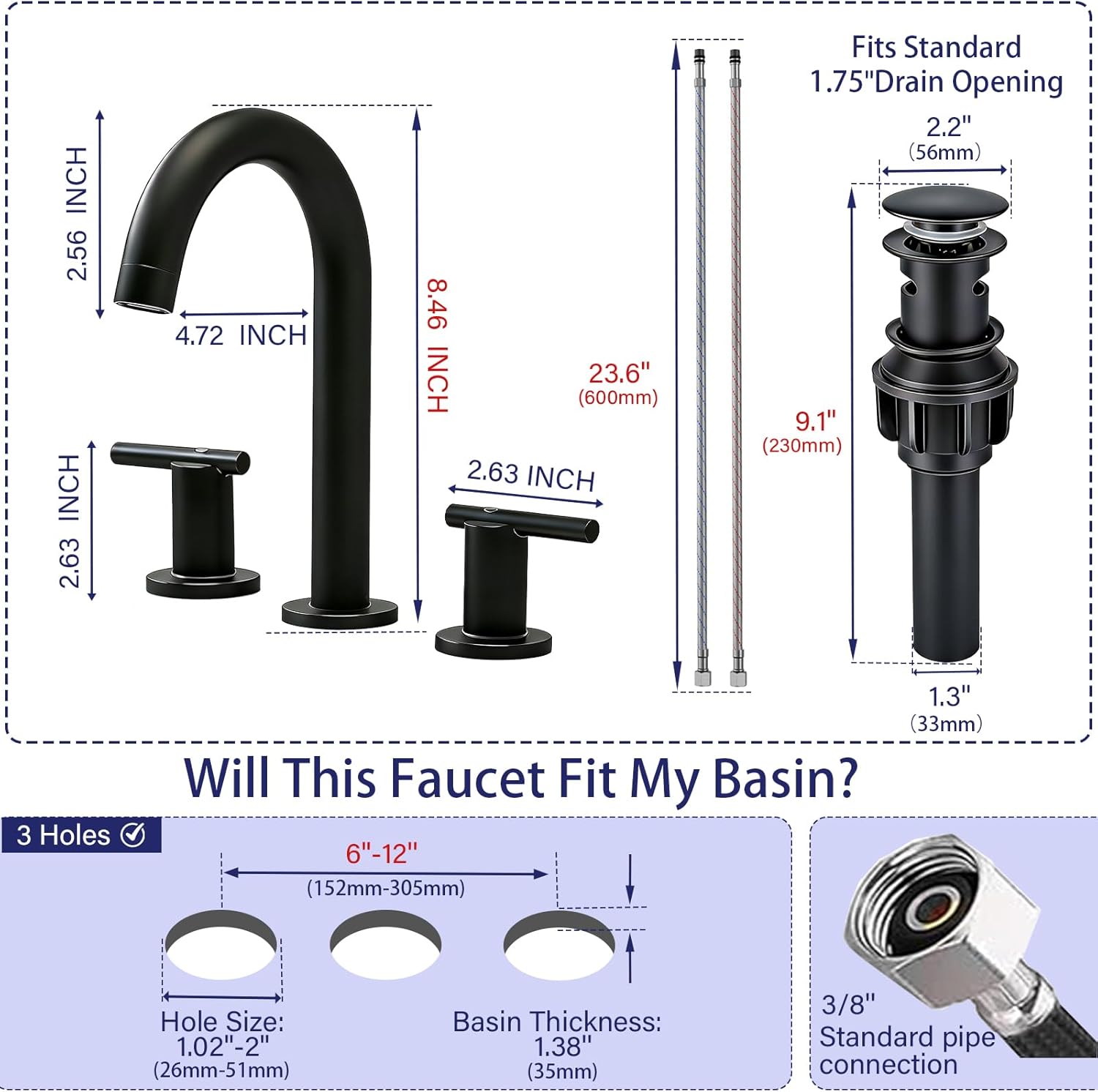 Matte Black Bathroom Faucet 3 Hole, VAPSINT 8 Inch Widespread Black Bathroom Sink Faucet, 2 Handle Modern Bathroom Faucets for Vanity Lavatory RV Restroom with Pop Up Drain & Supply Hoses
