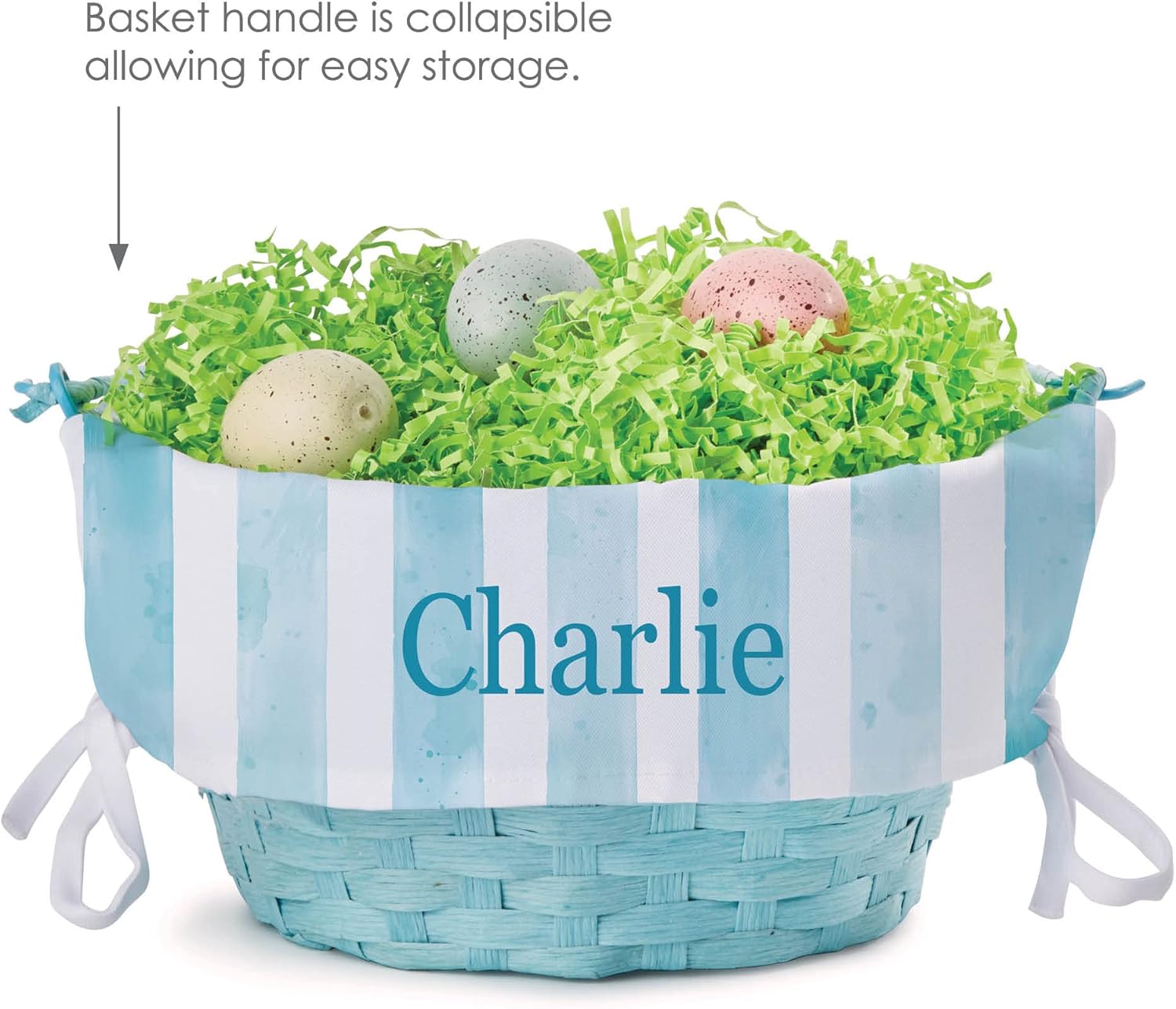 Personalized Easter Egg Basket with Handle and Custom Name | Blue Striped Easter Basket Liners | Blue Basket | Woven Easter Baskets for Kids | Customized Easter Basket | Personalized Gifts for Easter