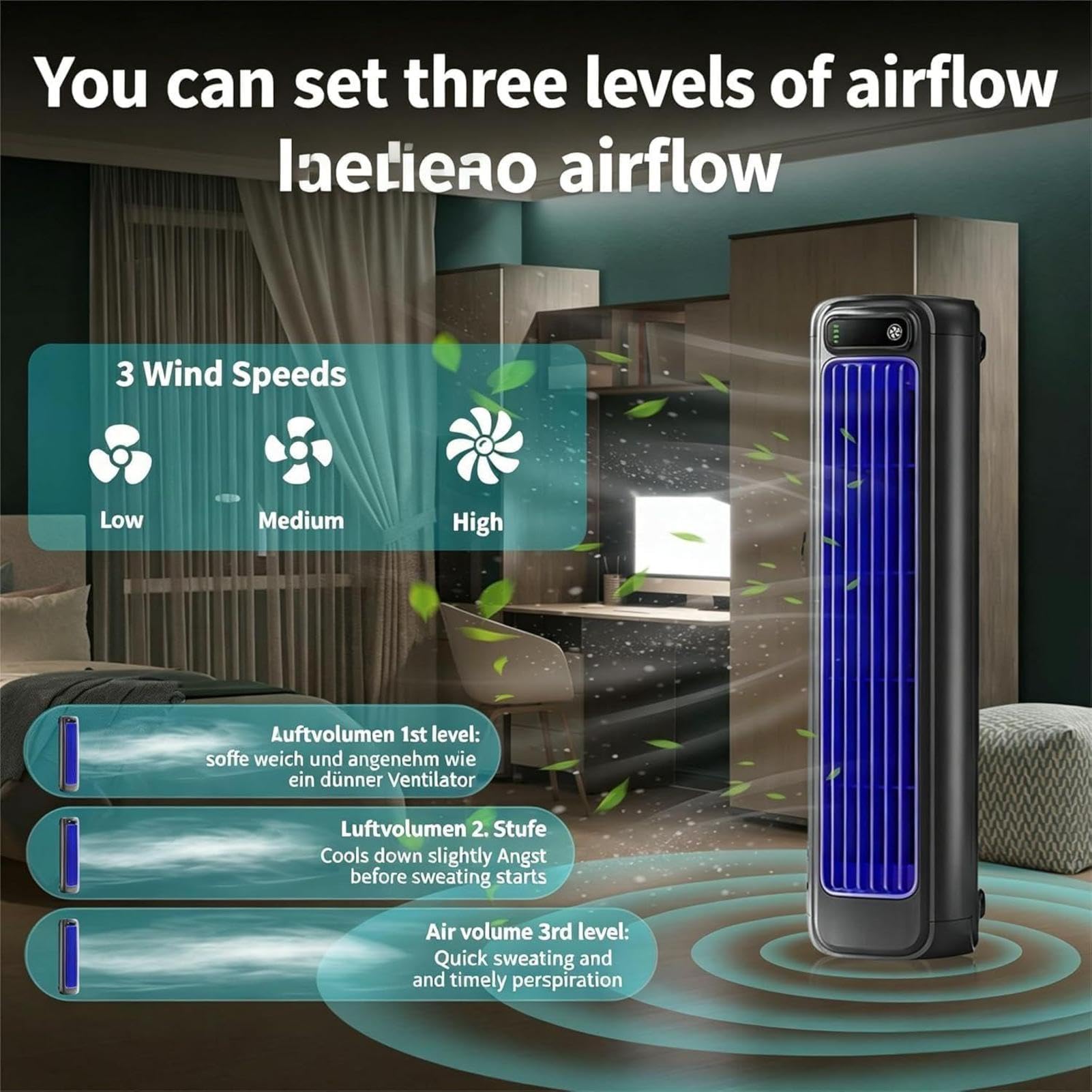 Ventilatore A Torre Da Tavolo Senza Fili, 3 Velocità | Ventilatore Personale Da Tavolo Per Donne Uomini Viaggiatori Casa Studio Camera Da Soggiorno Viaggio Campeggio Ufficio