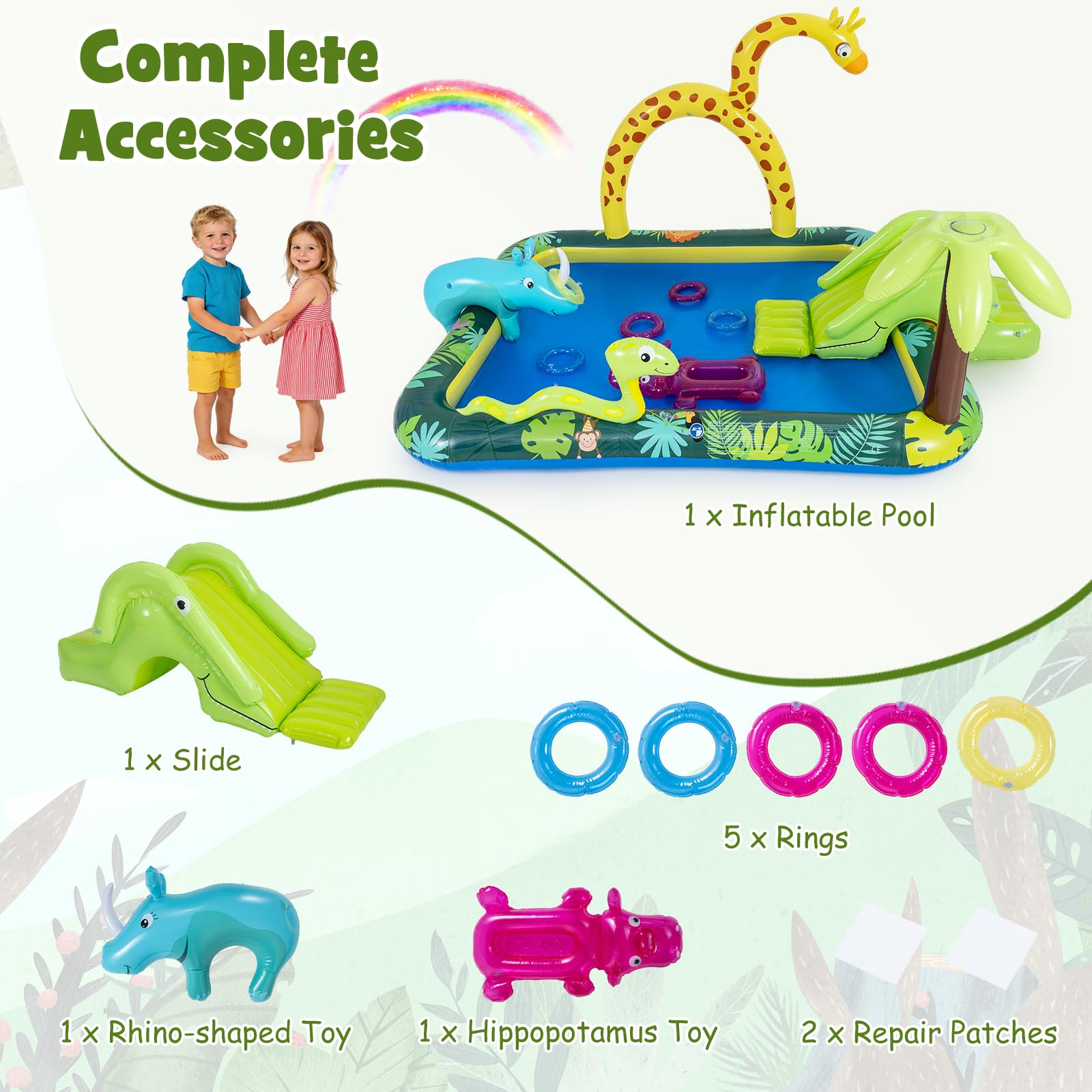 FANTASK Centro di giochi d'acqua gonfiabile con animali della giungla, 208 x 178 x 138 cm, piscina per bambini a partire dai 2 anni, parco acquatico per giardino e piscina