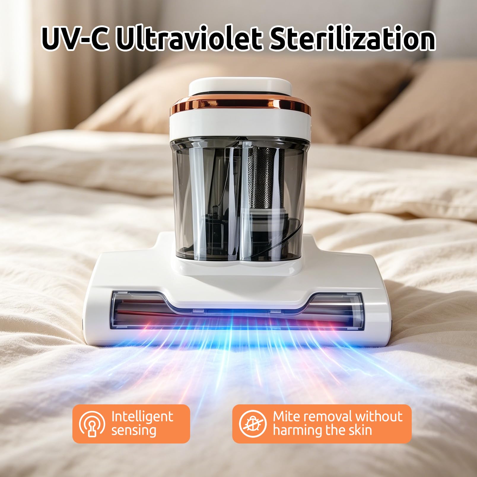 Milbensauger, 15 kPa Matratzenreiniger mit UV-C Licht, 12.000 Schläge/min, 600 W Leistung, 500ml Staubbecher, für Matratzen, Betten und Sofa