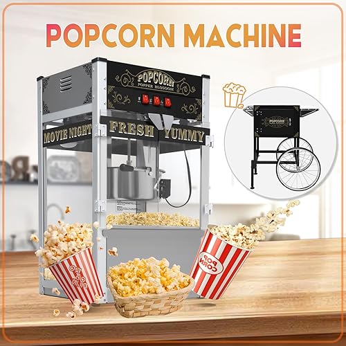 Miniatura 4 de Máquina de palomitas de maíz de 20 onzas con carrito, ruedas y hervidor de acero inoxidable, estilo vintage, máquina para hacer palomitas de maíz