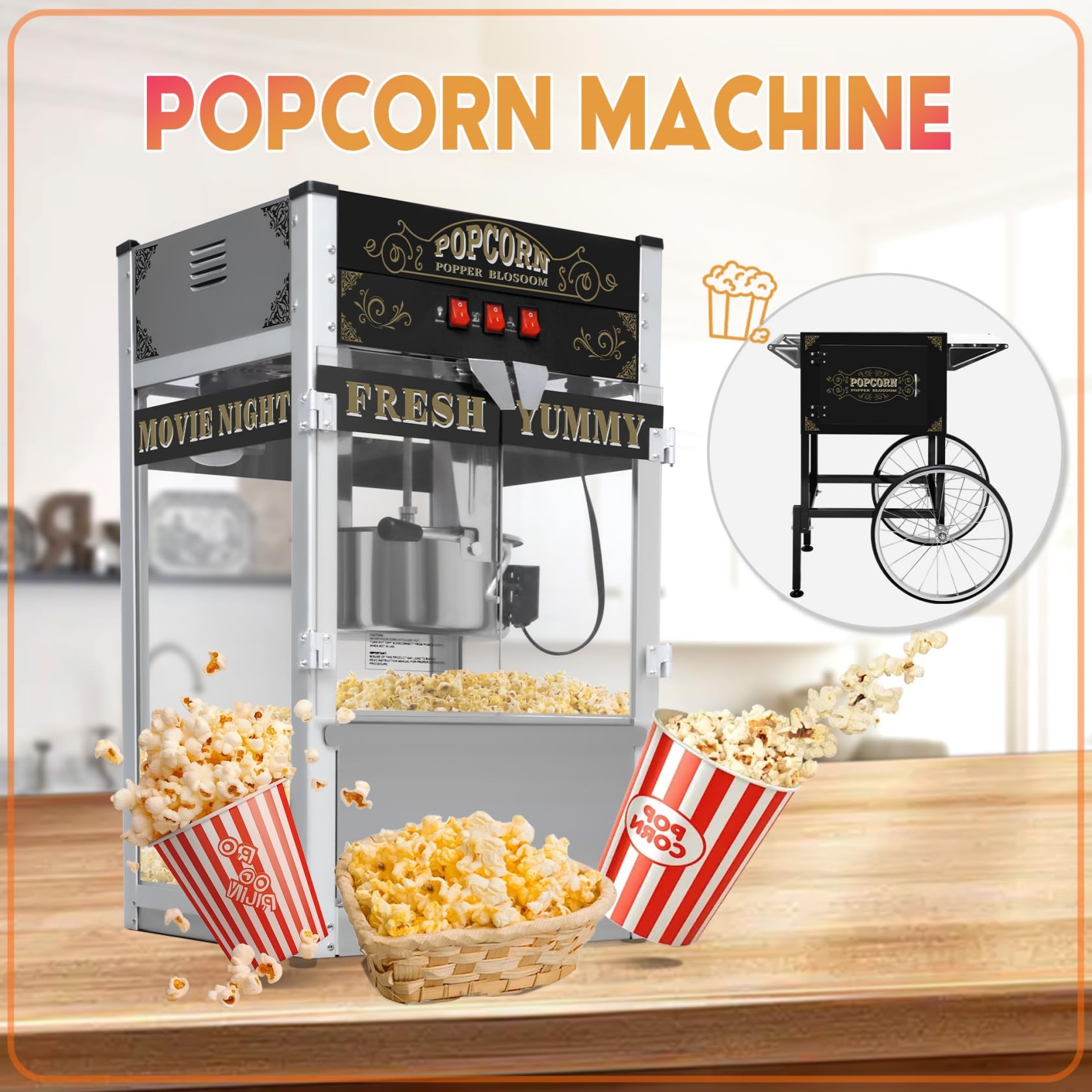 Máquina de palomitas de maíz de 20 onzas con carrito, ruedas y hervidor de acero inoxidable, estilo vintage, máquina para hacer palomitas de maíz para fiestas, eventos, uso doméstico y comercial 4