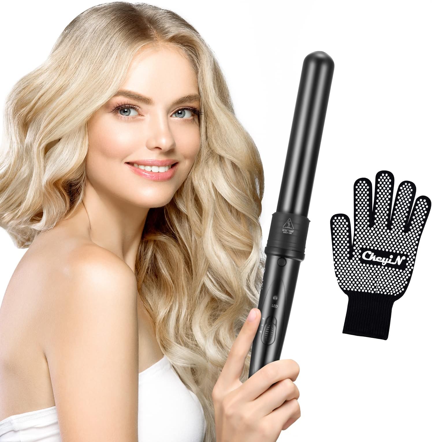 CkeyiN 32mm Curling Wand, Professional Ceramic Barrel Hair Curler for Long Hair & Big Beach Waves Curls Adjustable Temperature Dual Voltage with Glove Curling Tong