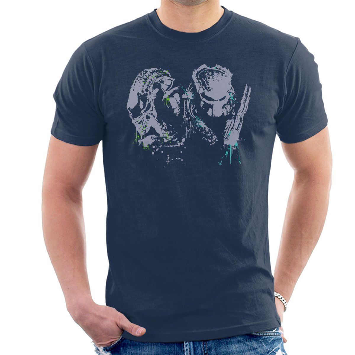 Cloud City 7 Men's Navy Blue Alien Vs Predator Paint Splatter T-Shirt