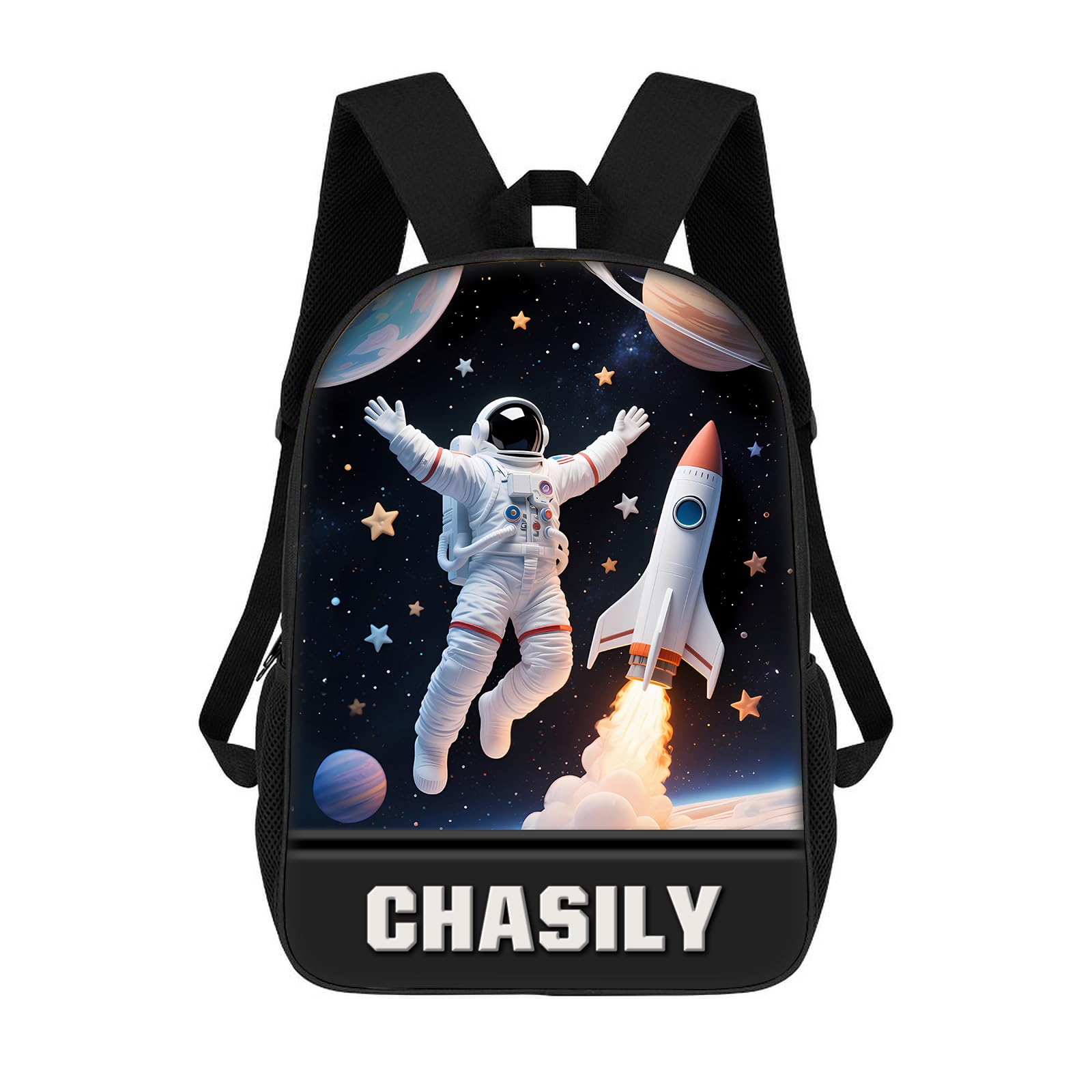 LZKYCTO Personalized Cartoon Spaceship Astronaut Backpack, Custom Space Rocket Universe Galaxy Back Pack, Solar System Planets Stars Space Daypack Bag