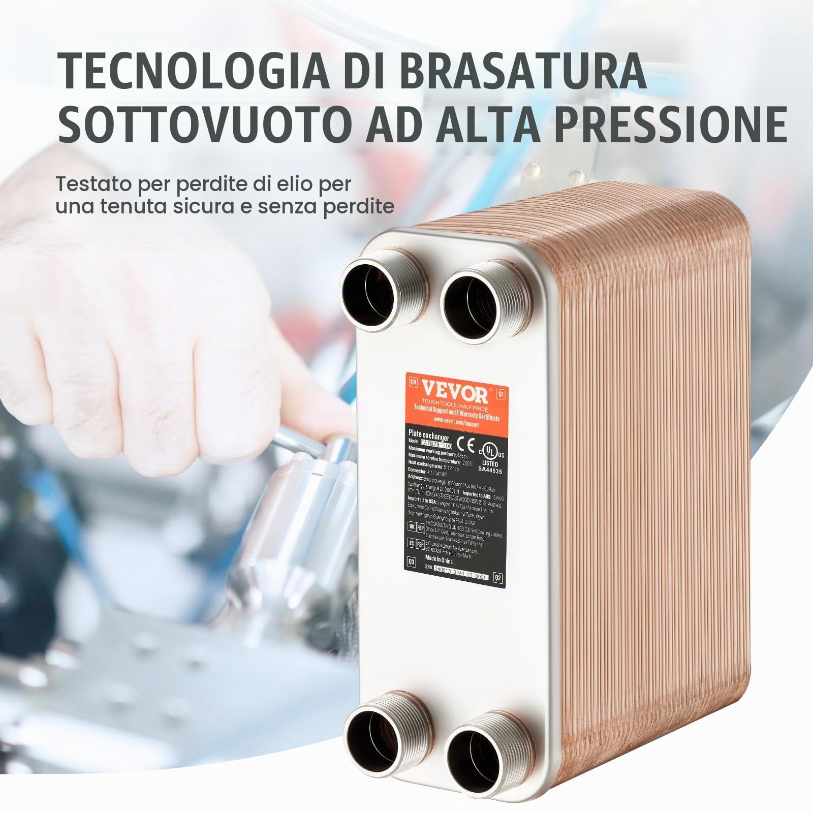 VEVOR Scambiatore di Calore, Piastre Brasate in Rame o Acciaio Inossidabile 316 L 127x305 mm, 80 Piastre, per Riscaldamento a Pavimento, Riscaldamento Acqua, Scioglimento Neve, Raffreddamento Birra