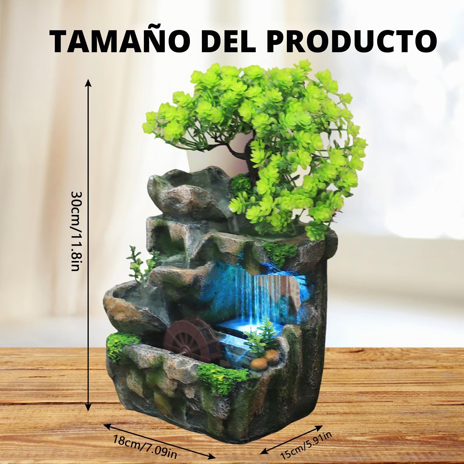 Fuente de planta verde, mesa de iluminación LED con cambio de color, fuente Feng Shui con ruedas, para sala o oficina, limpia el aire (15 x 18 x 30 cm)
