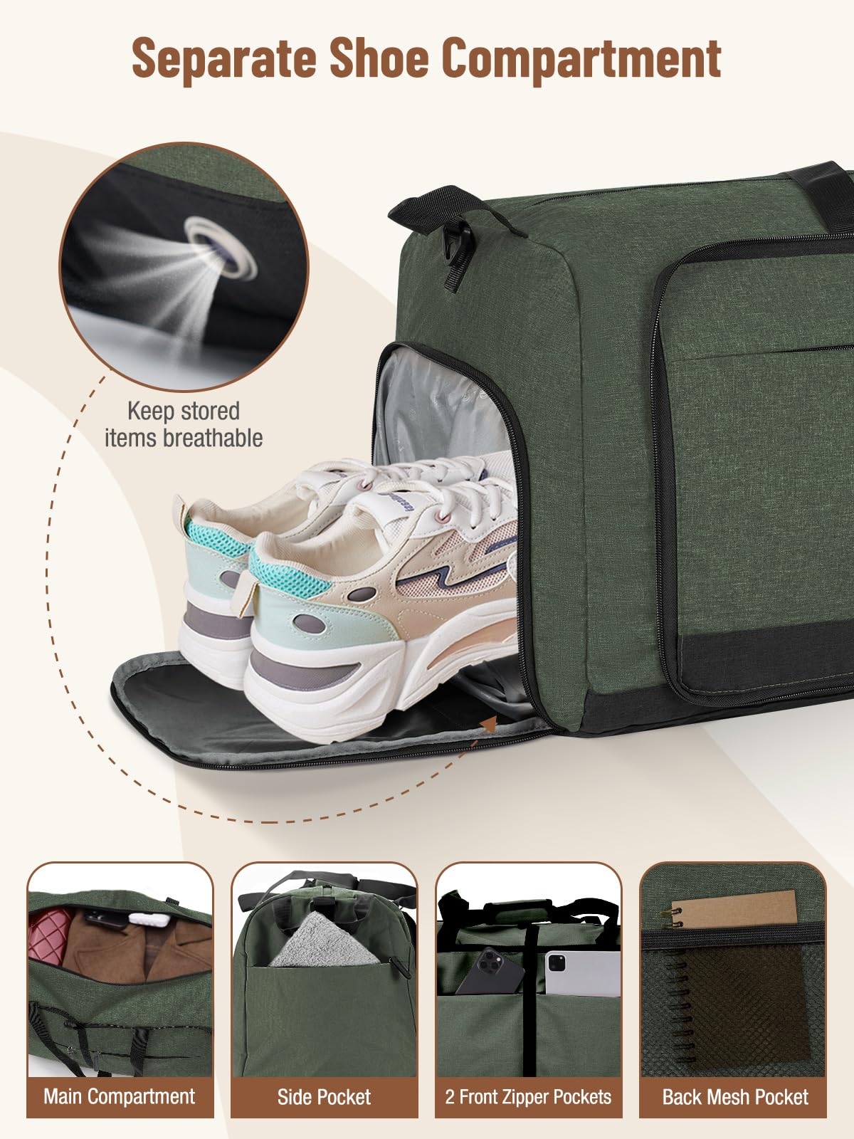 Lekesky Grande borsone da viaggio pieghevole, impermeabile, con scomparto per scarpe, borsa sportiva per il fine settimana, per donne e uomini, Verde, 80L, borsa da viaggio