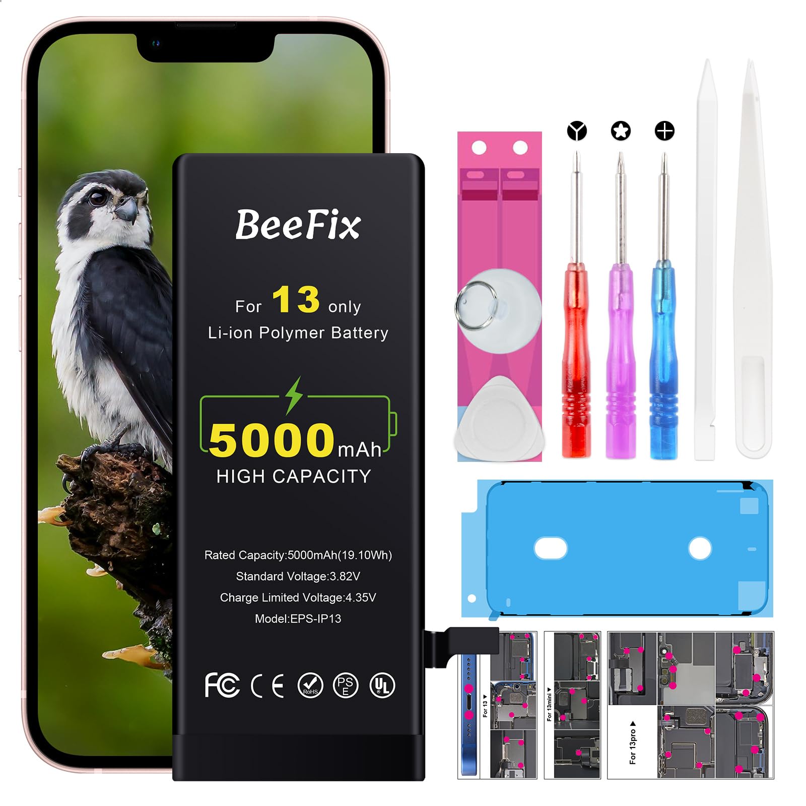 Batterie pour iPhone 13 : 5000 mAh Haute Capacité Lithium Polymère Batterie de Rechange pour iPhone 13 avec Outils de réparation Batterie Compatible avec modèle A2482 A2631 A2634 A2635 A2633