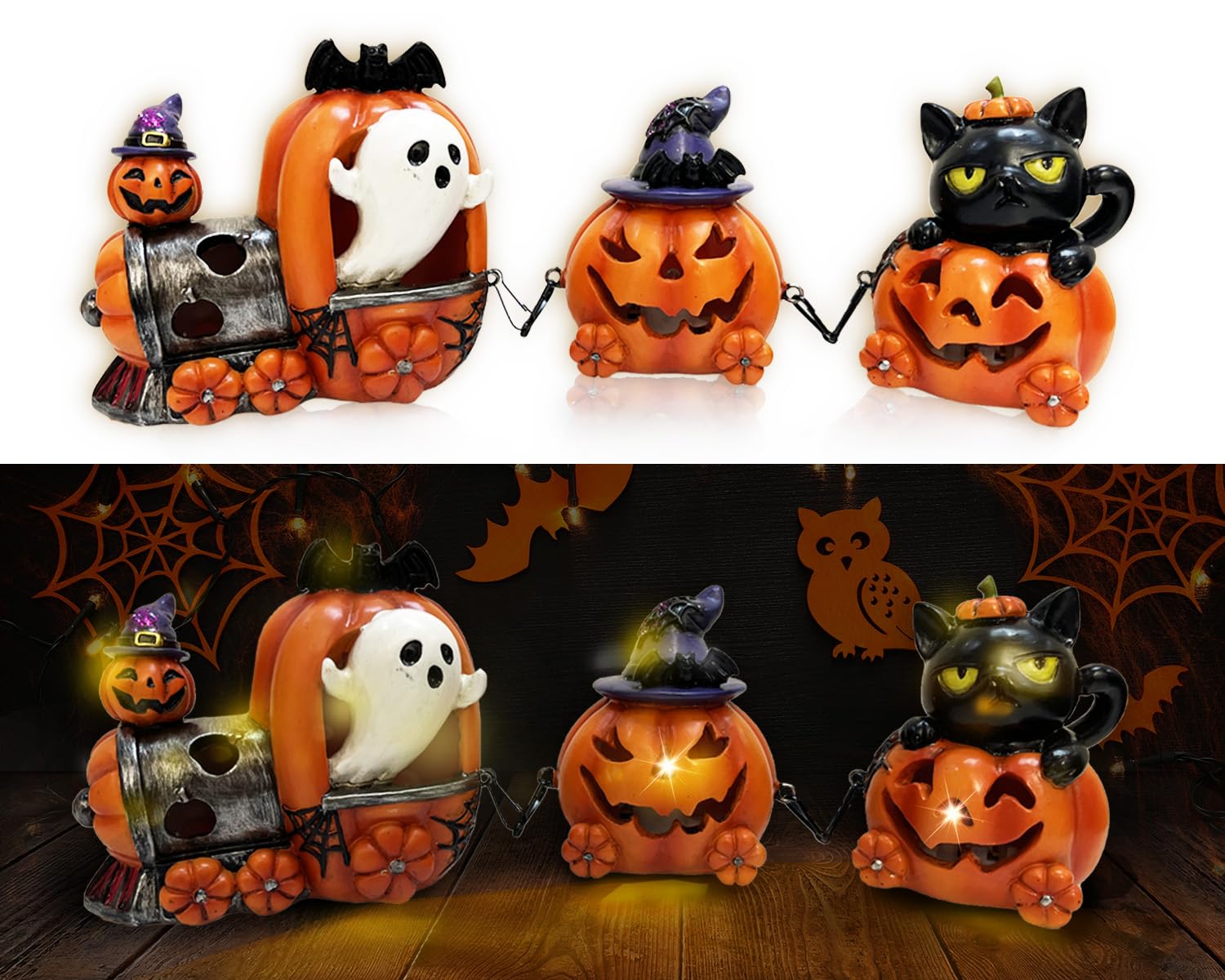 Halloween Decor Train, LED Halloween Decor for Tabletop Orange, Ghost Pumpkin Gnomes Figurines Lighted Centerpieces Table Black Cat, Witch Hat Halloween Decorations Indoor for Home Outdoor Party