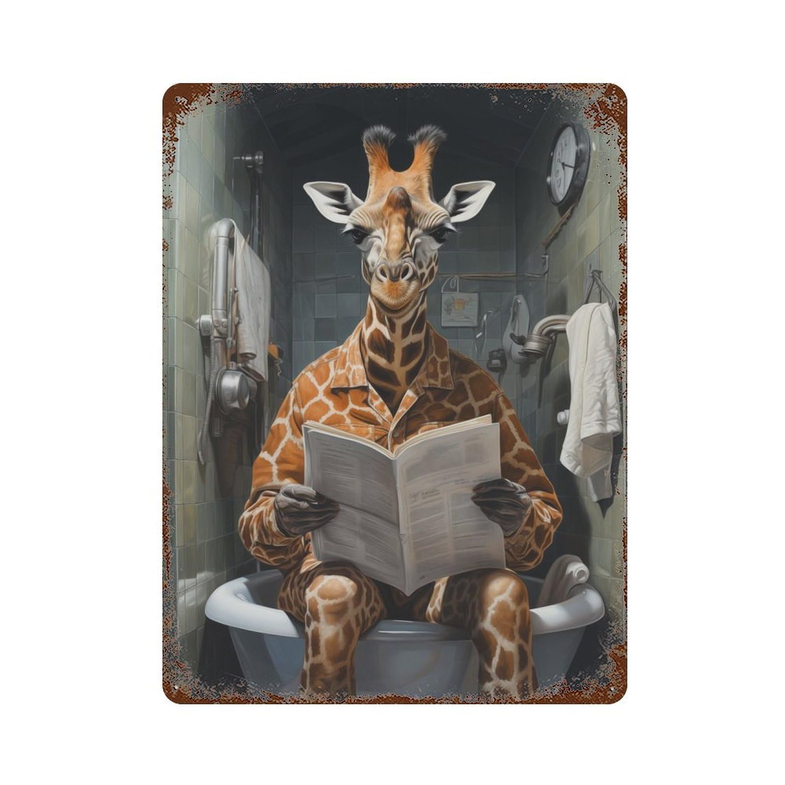 Garage Style Giraffe on Toilet Rust Effect Tin Sign 15.7"x11.8", Industrial Home Decor for Bar And Workshop