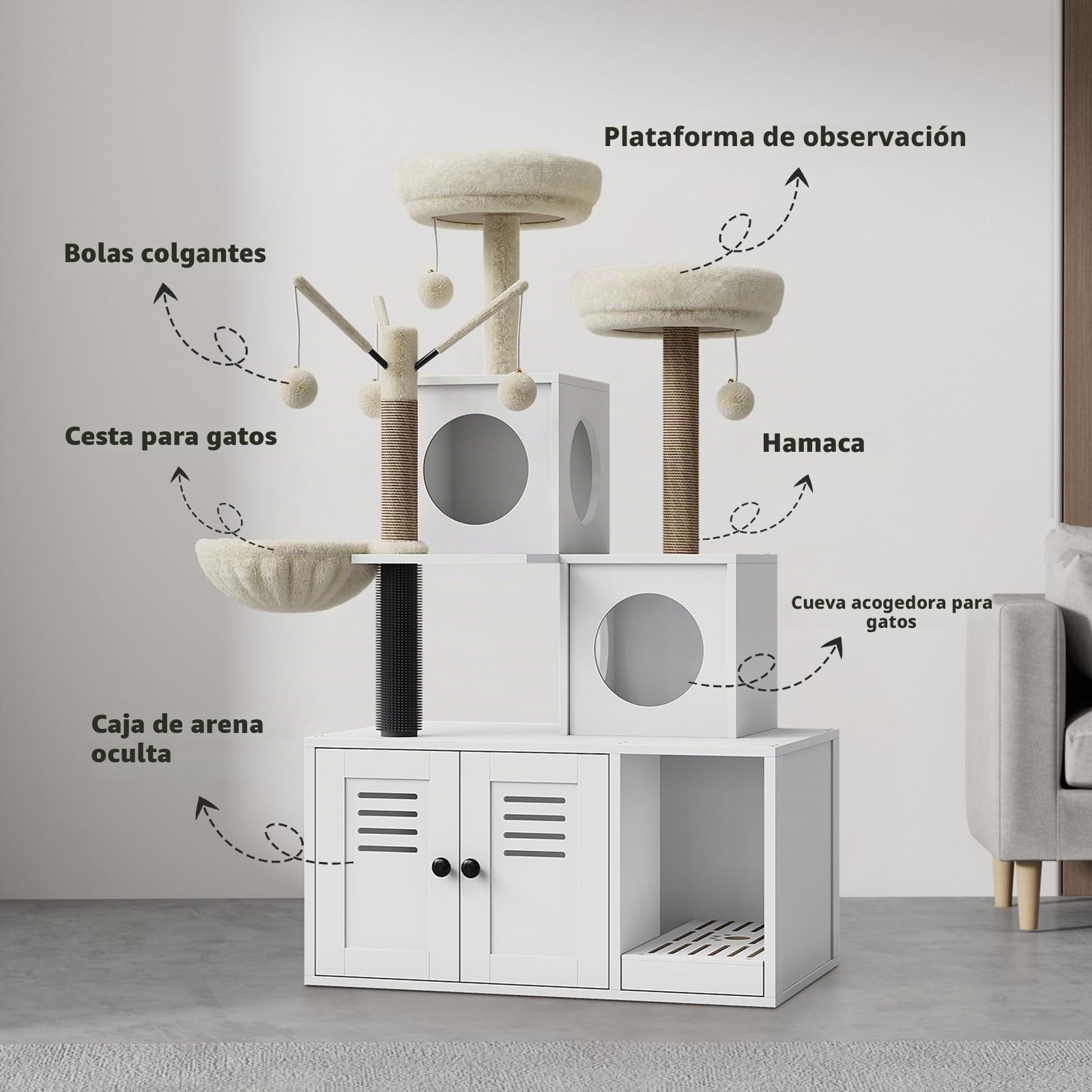 Mueble Arenero para Gatos con Rascador y Cueva – Mueble De Madera Oculto con Rascador De Sisal, Zona De Descanso Suave y Juegos Multinivel para Gatos