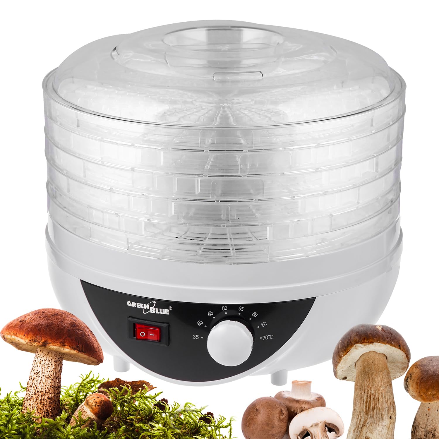 Green Blue GB195 Essiccatore alimentare per funghi, verdure e frutta, erbe 250W, extra silenzioso, 5 setacci Diametro 27 cm Temp regolabile