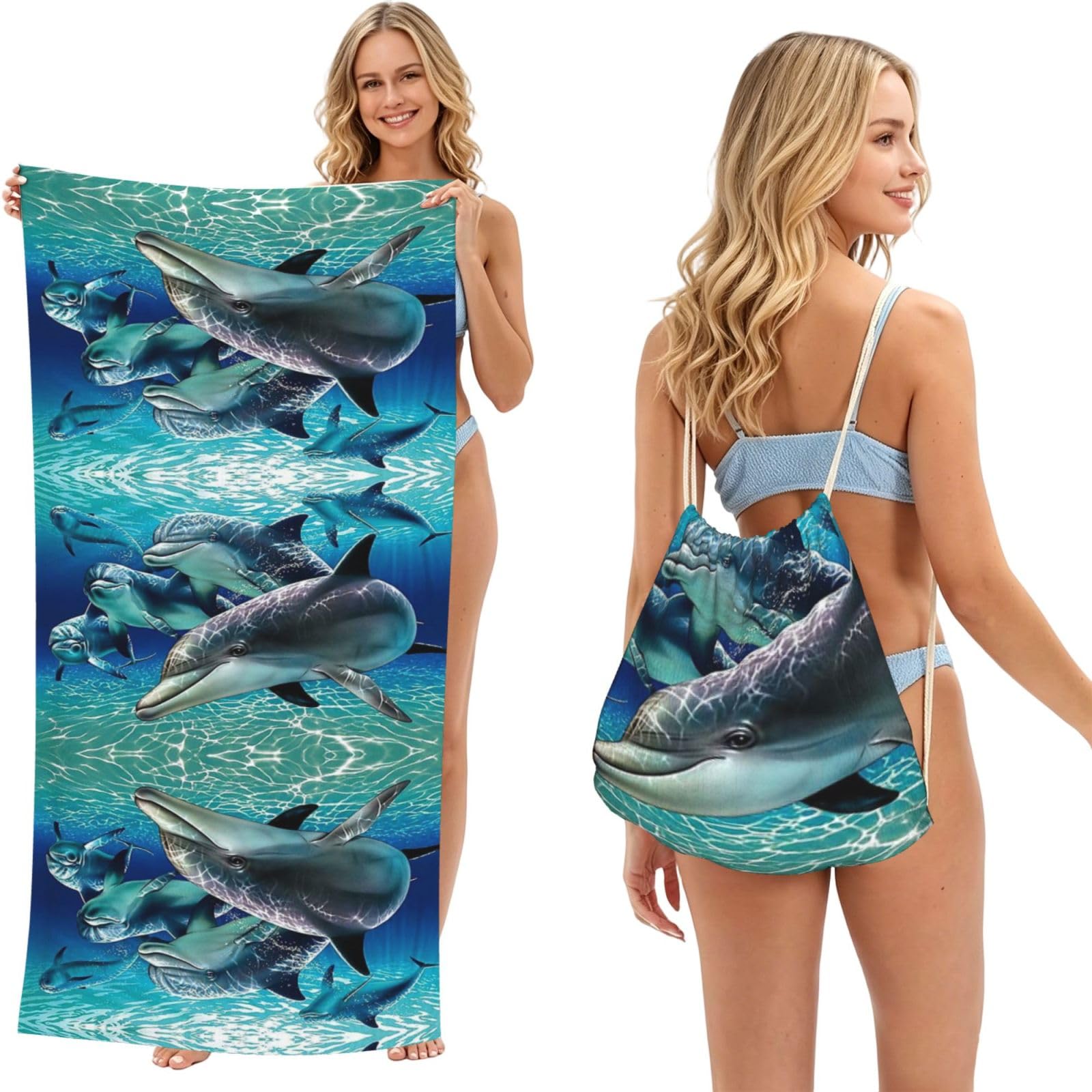 SATUSA Dolphins Print 2-In-1 Foldable Beach Towel Backpack â€“ Camping, Yoga And Travel,Bath Towel With Built-In Storage, Convertible Beach Mat & Carry Bag