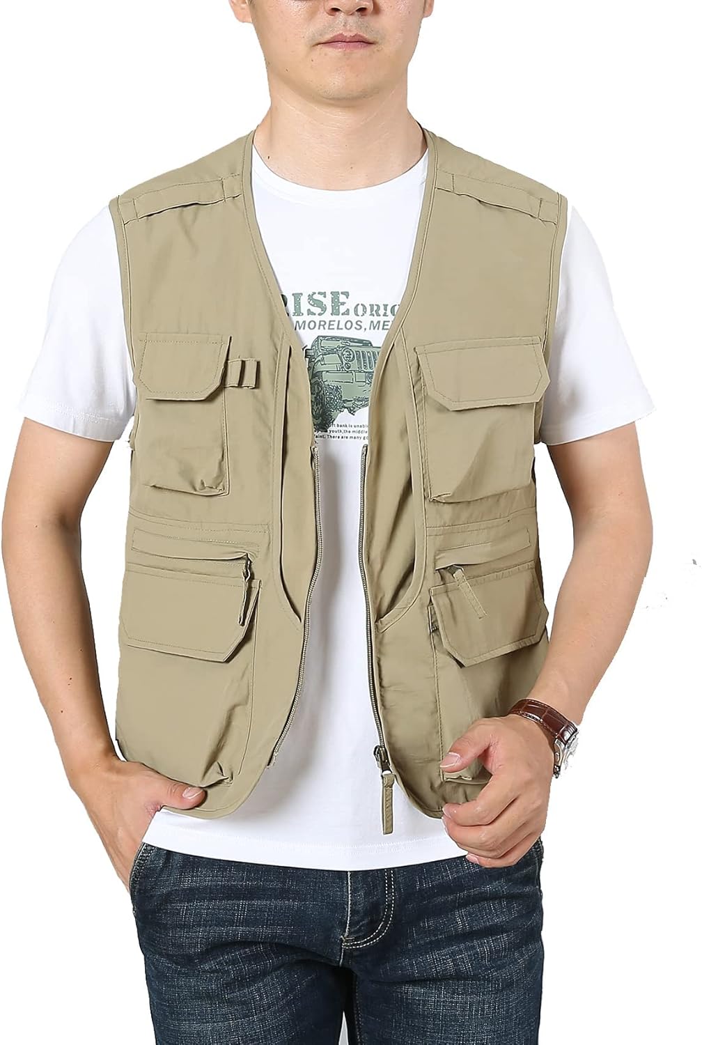 Flygo Men's Utility Cargo Vest Outdoor Fishing Safari Travel Work Photo Vest with Pockets