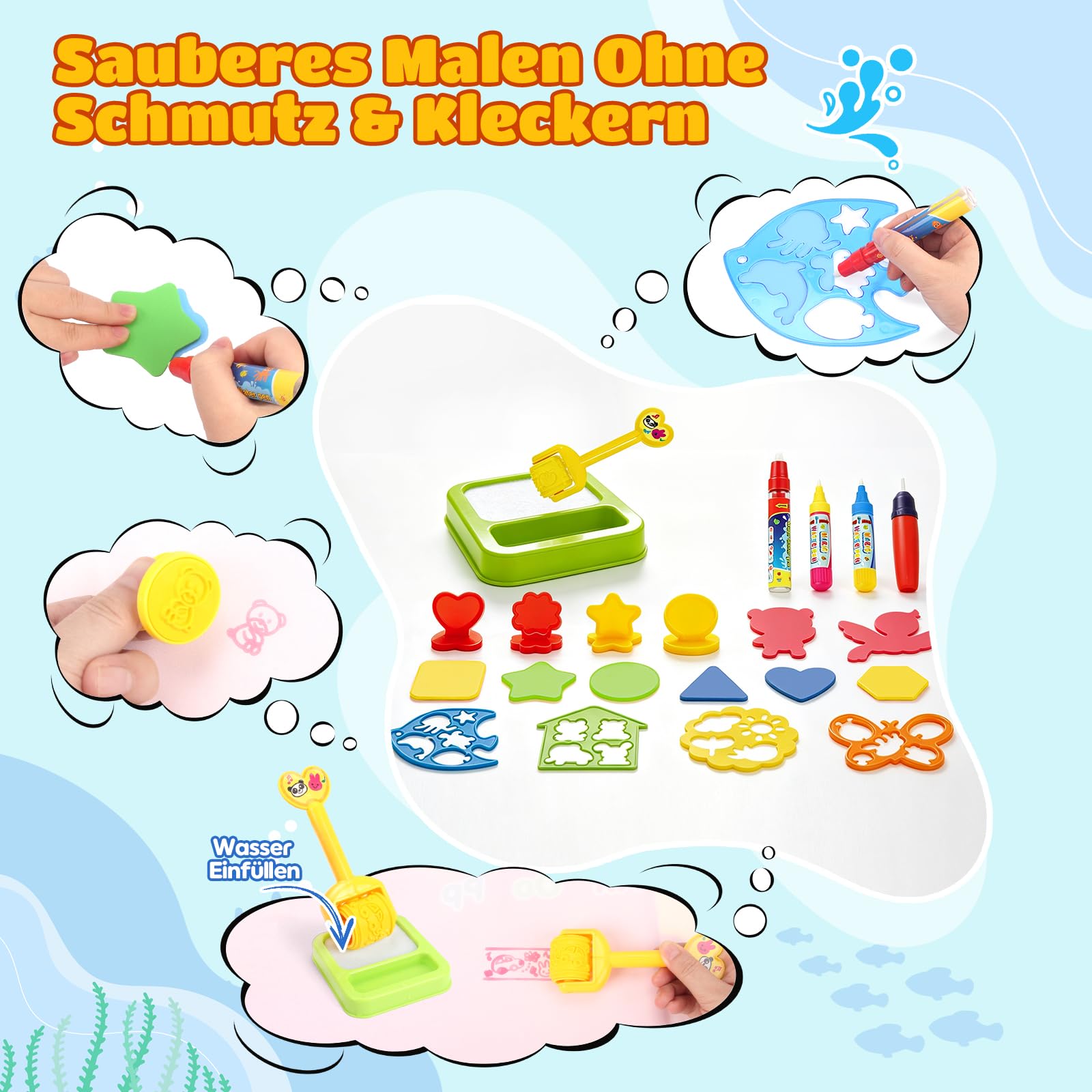 chellago Tappeto Magico 120x90cm, con Accessori, Giochi Educativi Interattivi per Bambini dai 2-6 Anni, Riutilizzabile, Nessun Inchiostro, Nessun Disordine
