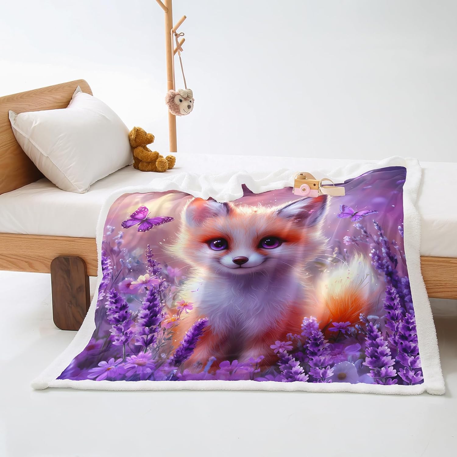 AILONEN Kids Kawaii Fox Throw Blanket,Girls Purple Floral Fox Cute Lovely Animal Printed Soft Fleece Sherpa Blanket, 70 x 55 Inches