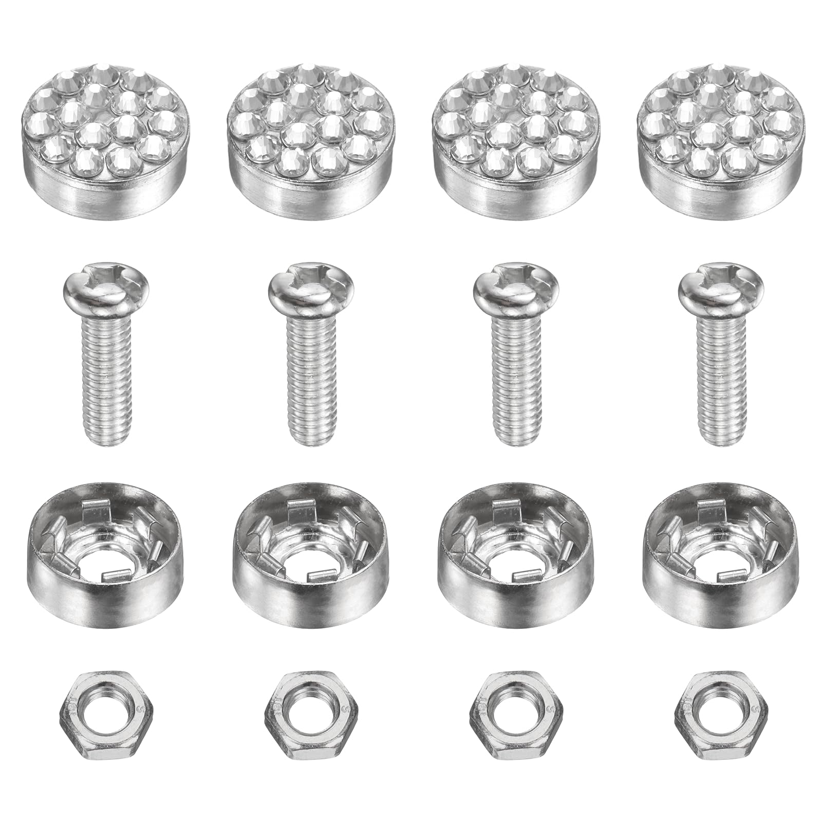 PATIKIL 4 Pcs Anti Theft License Plate Screws Kits, Tag Plate Mounting Hardware, Rhinestone Design Screw Cap Cover Fitting for (Motorcycles/Cars/Trucks), White