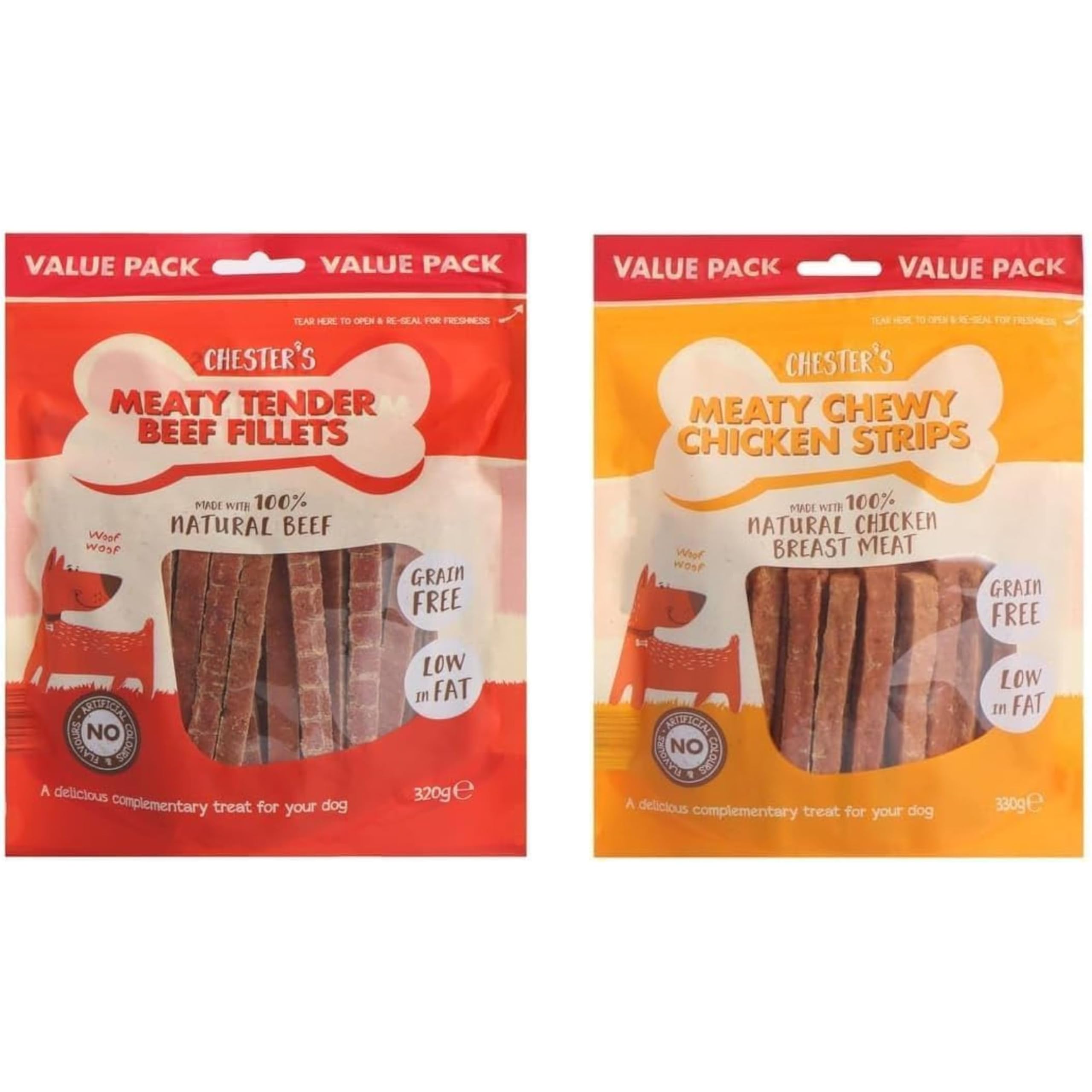 Chesters Meaty Chewy Dog Treats โ 2 Pack | High-Protein, Natural, Soft Chewy Snacks for Dogs (Beef Fillets + Chicken Strips)