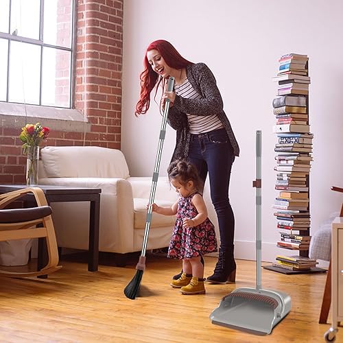 Vista 21 de kelamayi Juego de escoba y recogedor para el hogar, oficina, barrido interior y exterior, escoba de pie y recogedor (rosa)