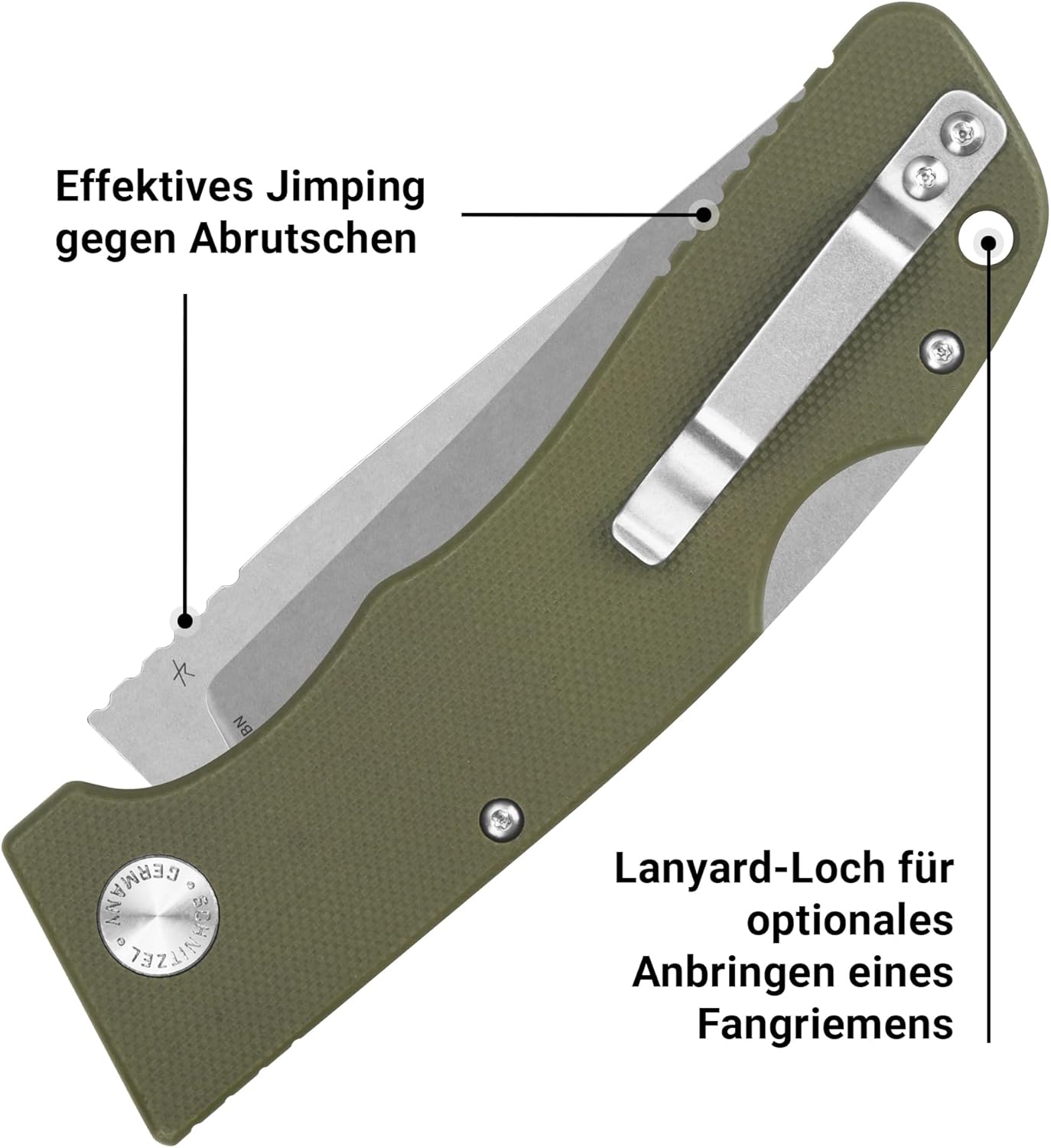 SCHNITZEL KVAR - Outdoor Pocket Knife - Swedish Steel - G-10 Handle Scales - Bushcraft, Folding, EDC-Knife, Adults (Green, Stonewashed)