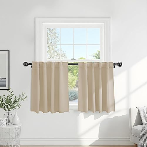 PONY DANCE Beige Valances Tiers for Kitchen - Short Room Darkening Small Curtains for Half Cafe Basement/Bathroom, 42 W x 36 Inches L, Biscotti Beige, Double Panels