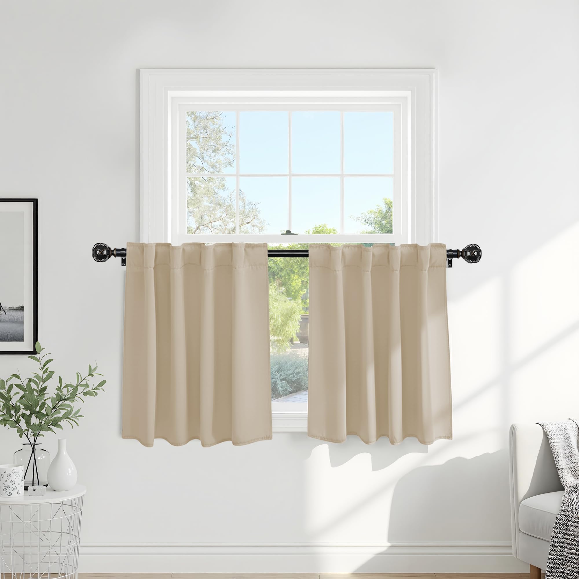 PONY DANCE Beige Valances Tiers for Kitchen - Short Room Darkening Small Curtains for Half Cafe Basement/Bathroom, 42 W x 36 Inches L, Biscotti Beige,