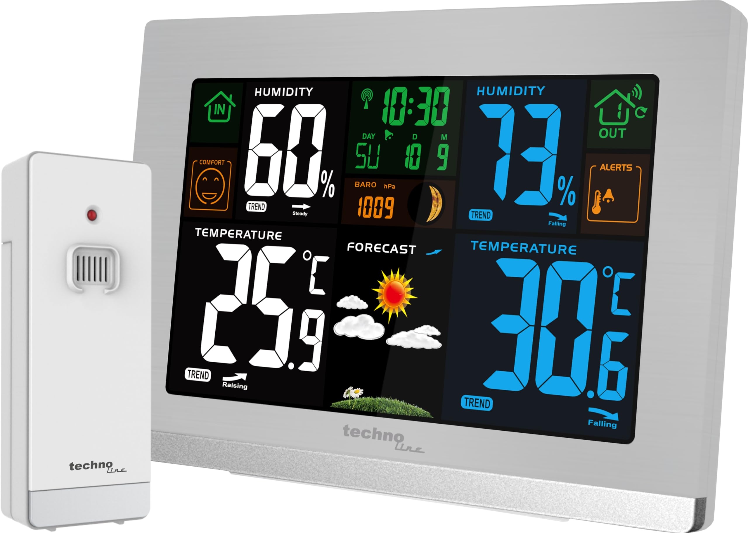 Technoline WS6462 - Estación meteorológica inalámbrica (temperatura interior, temperatura exterior, humedad, presión atmosférica, indicador de tendencia, pantalla a color, radio, fases de luna)