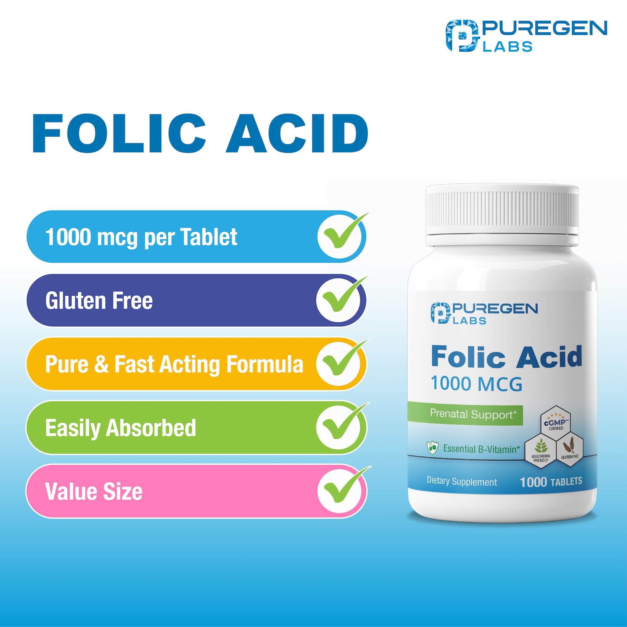 Puregen Labs Folic Acid 1000 mcg Tablets, Value Size 1000 Tablets — Amazon image 3