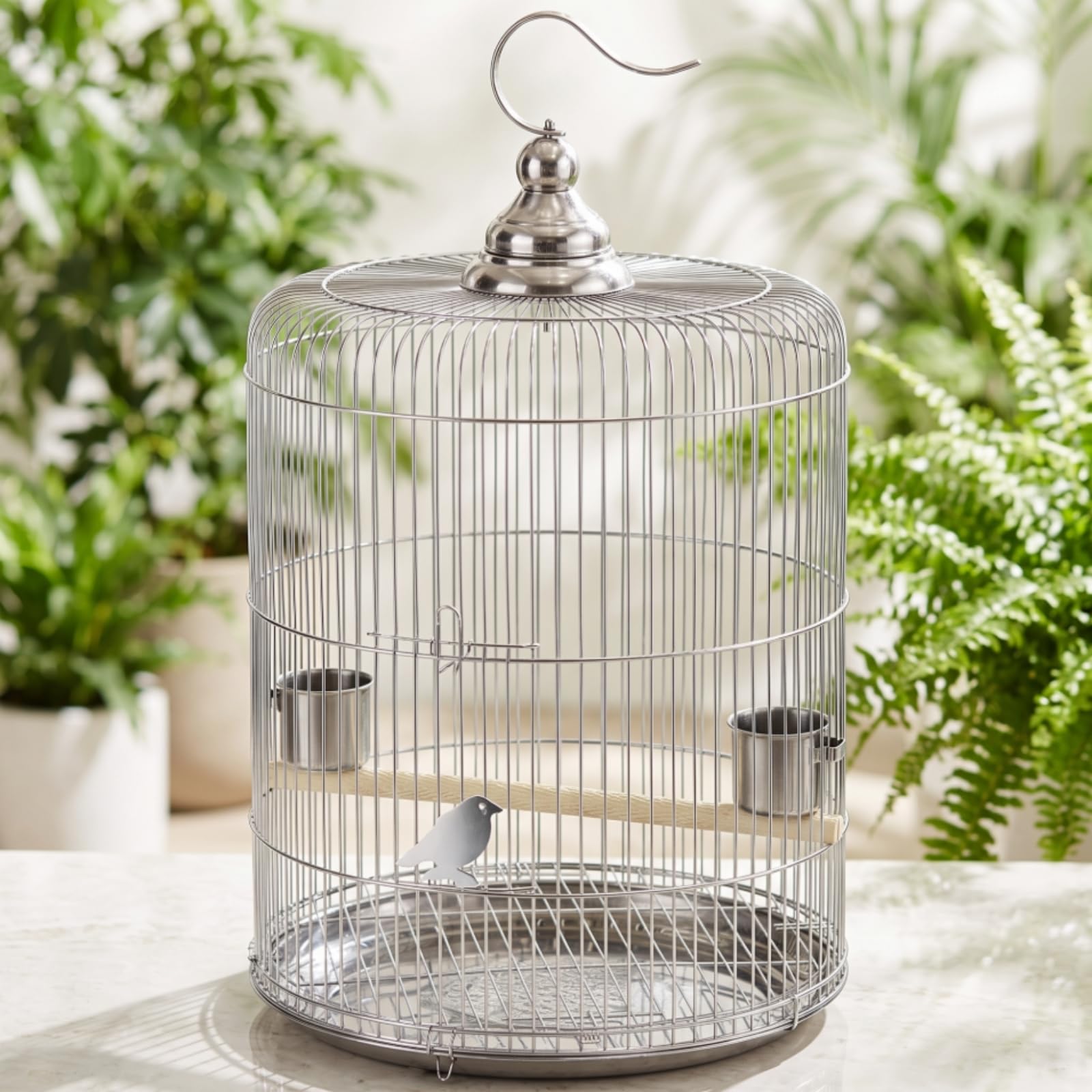Rund Vogelkäfig mit Sitzstange rostfrei Edelstahl-vogelkäfig aufhängbar kuppelkäfig mit futtnäpfen für wellensittiche, wohnzimm, zuhause, Balkon, 32型