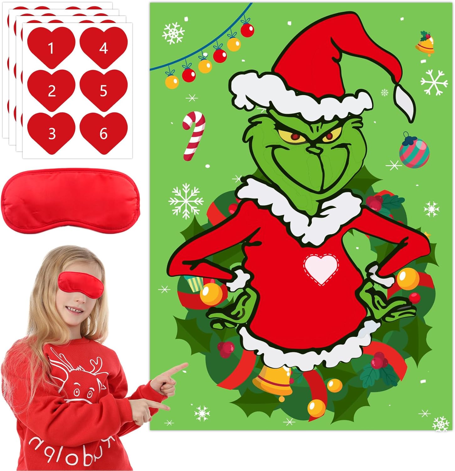 Pin The Heart on The Green Monster Christmas Pin The Sticker Game Xmas Blindfold Challenge Party Game for Family