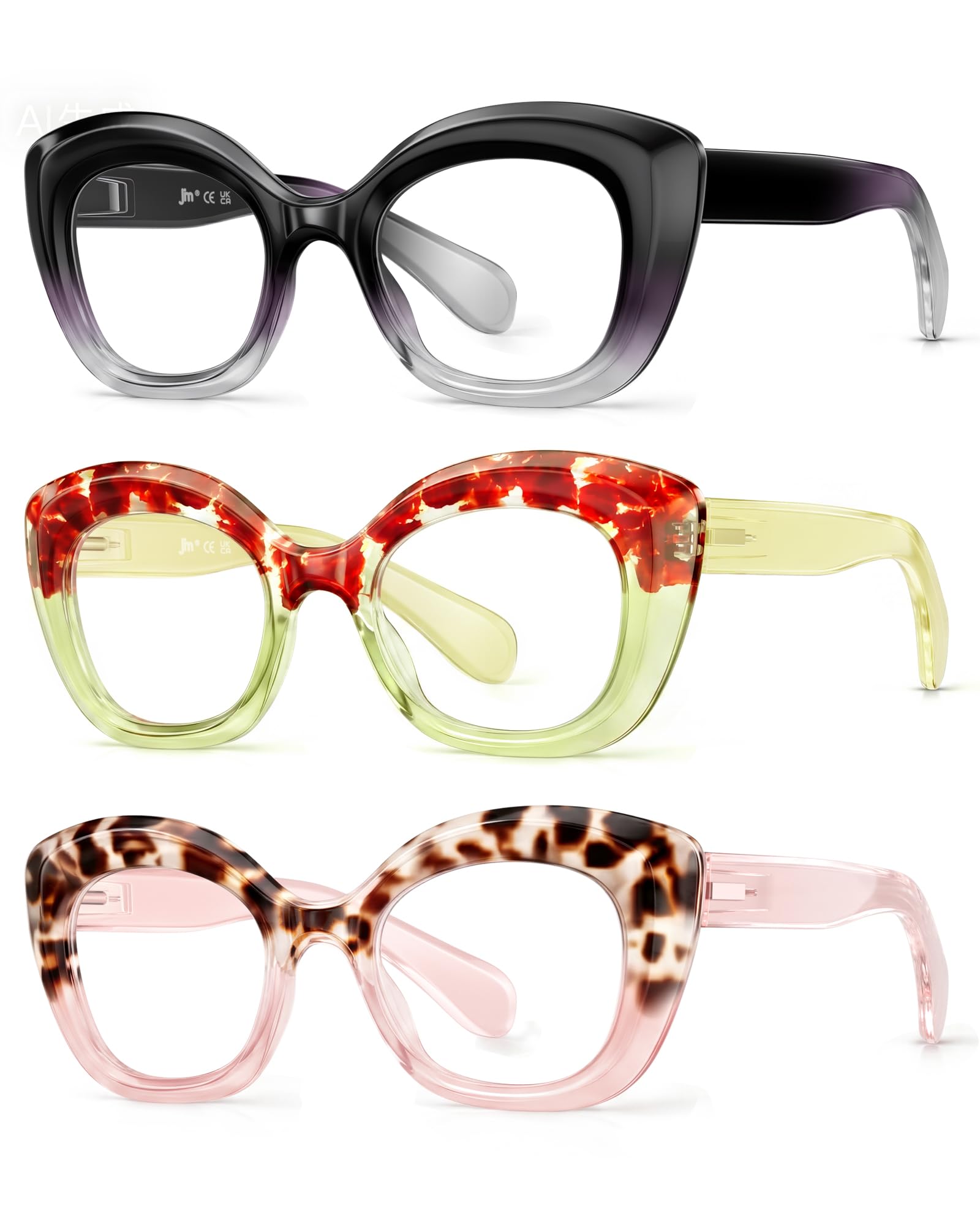 Jm Women's 3 Pack Mixed Color #3 Reading Glasses For With Spring Hinge, Cat Eye Blue Light Glasses Stylish Reader 3 Pack +2.75