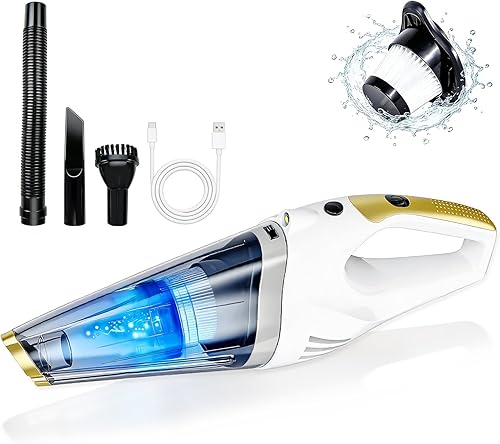 Aspiradora de mano inalámbrica, aspiradora de mano recargable portátil con luz LED, potente succión de 6 kpa con tres tipos de cabezales de succión