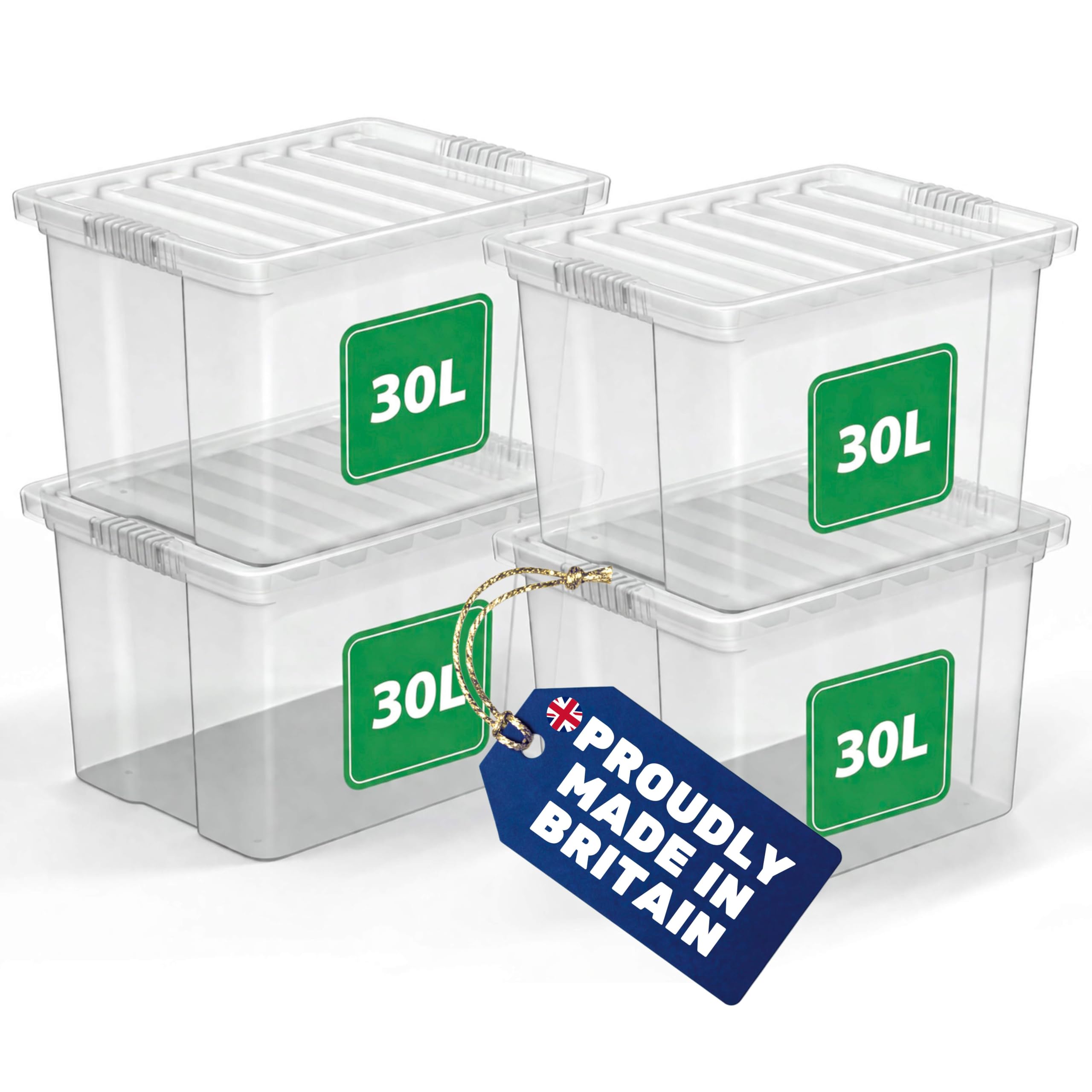 ADEPTNA 4 x 30L Storage Boxes with Lids Clear Stackable & Nestable Plastic Storage Containers Set Made in UK Multipurpose Storage for Home Bedroom Kitchen Garage Office Organisation (4 x 30L)