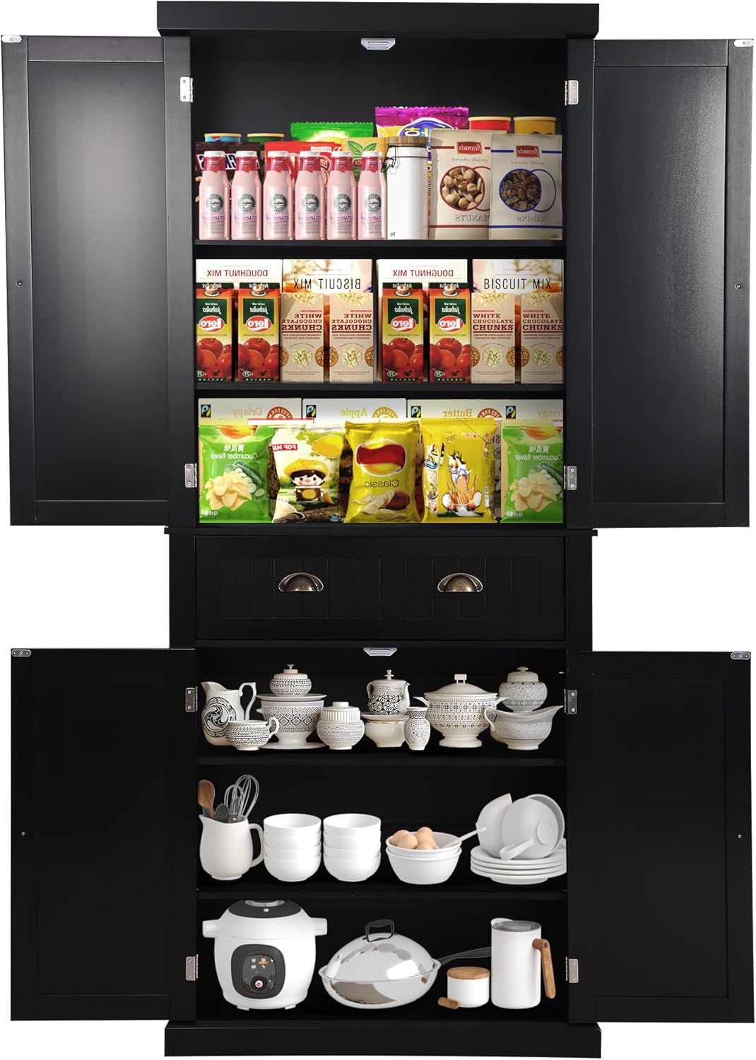 72" Kitchen Pantry Cabinet, Freestanding Storage Cabinet with 4 Doors, Adjustable Shelves for Kitchen, Living Room and Dinning Room，Black