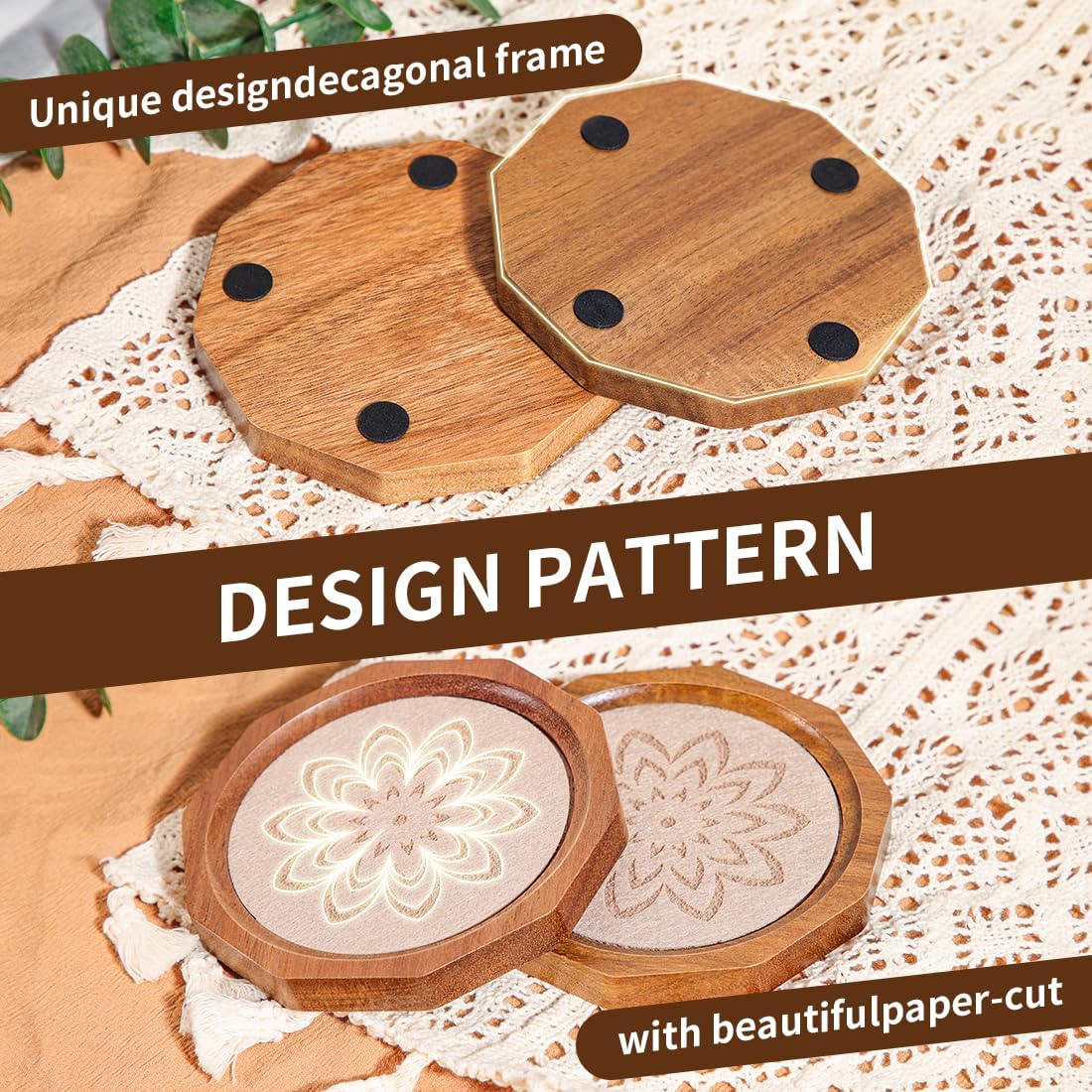 Wood Coasters for Drinks Absorbent with Lip, 4.3 Inch Acacia Wood Camel Felt Coaster with Holder for Wooden Coffee Table for Cups, Mugs, and Glasses - Set of 6
