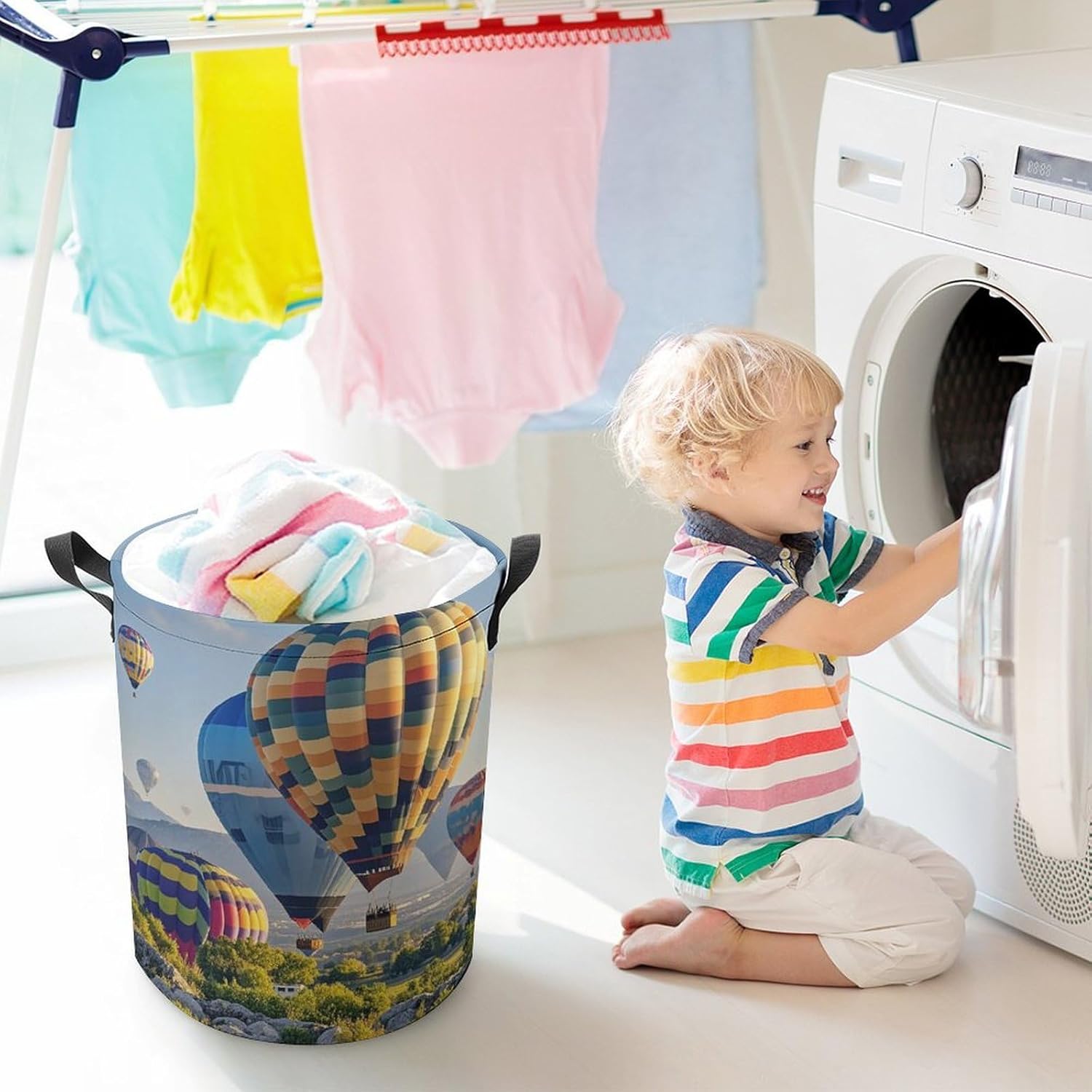 Hot Air Balloons Laundry Bag Large Collapsible Laundry Baskets Freestanding Waterproof Clothes Hamper with Handles & Drawstring for Laundry Room Bedroom Bathroom