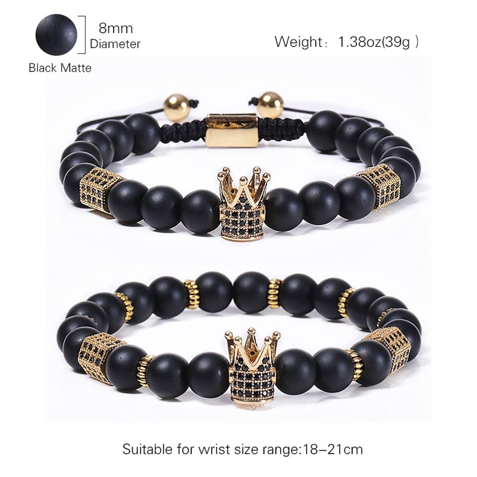 Wycian Perlen für Armbänder Naturstein, Armband Schwarz Elegant Kristall Metalllegierung Elastische Natursteinperlen mit Krone 18cmx8mm Naturstein Hochzeit