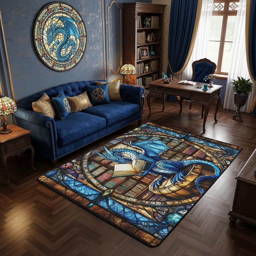 Westlicher Drache Wohnzimmer Teppich 150x200cm Geometrische Fantasy Buchregal Schlafzimmerbereich Teppich für Jungen Mädchen Trippy Chic Bodenmatte Heimdekor