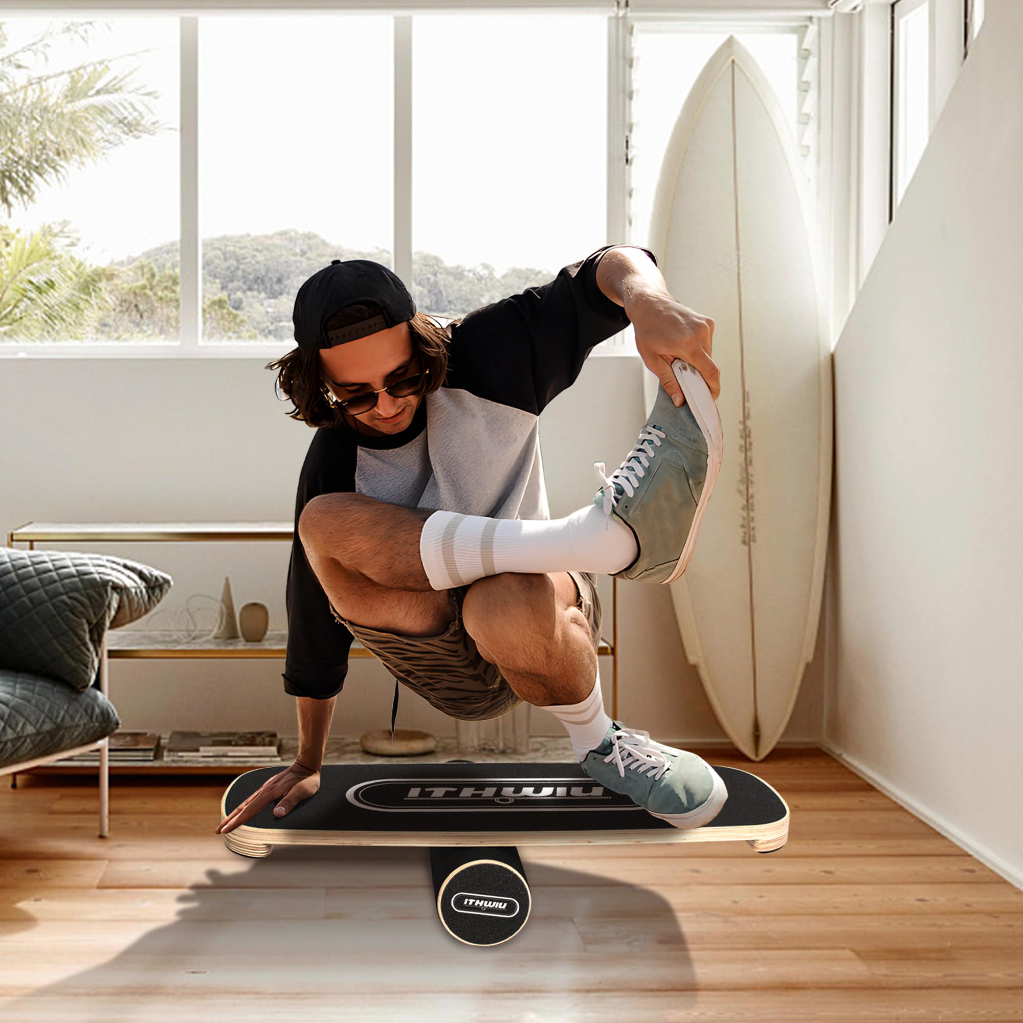 OUUTMEE Balance Board Holz Balance Ball Roller Trainer Rollbrett Balance Trainingsbrett Rutschfeste Oberfläche Körperkontrolle Balance Exerciser Schwarz